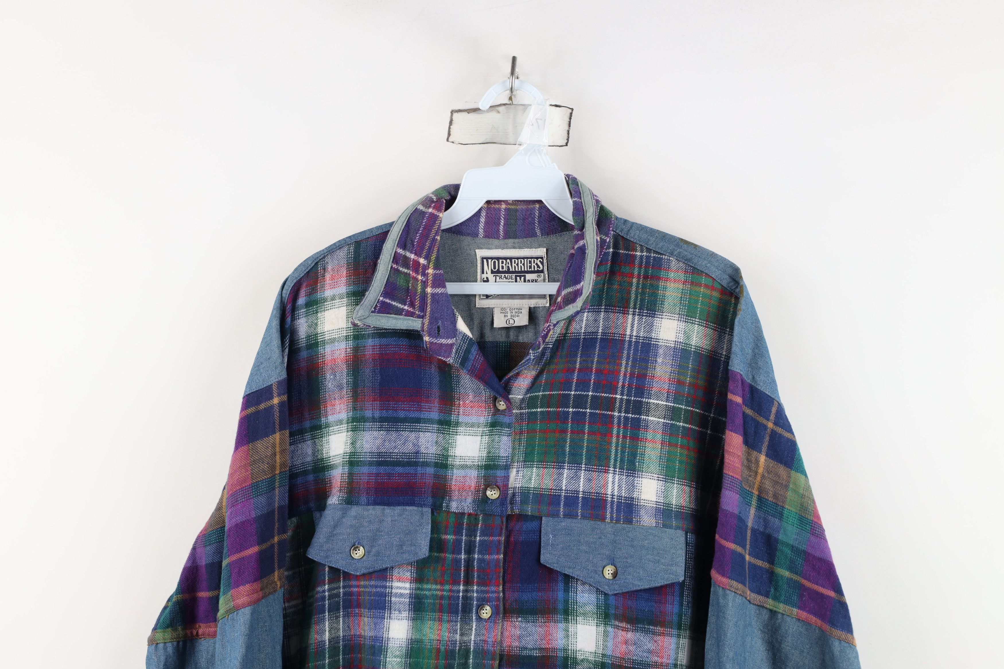 Vintage Vintage 90s Streetwear Denim Trim Flannel Button Shirt Plaid Size L / US 10 / IT 46 - 2 Thumbnail