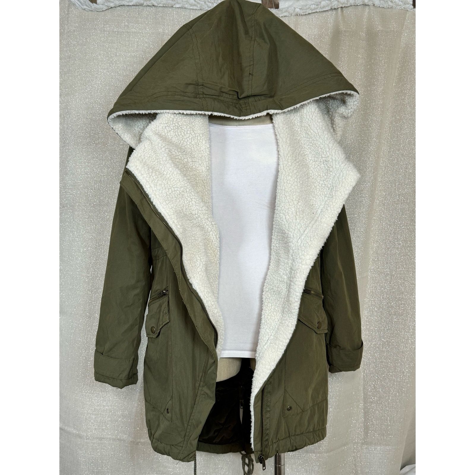 Unknown London Charlotte Russe Sherpa Lined Olive Green Hoodded Parka Coat Size XS / US 0-2 / IT 36-38 - 3 Thumbnail