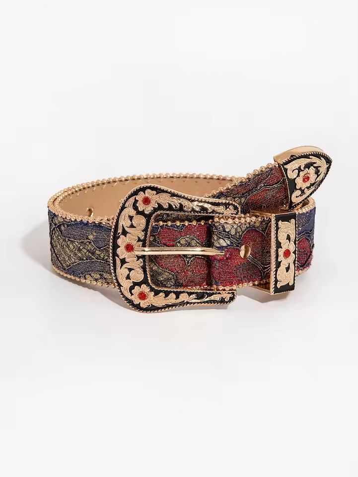 Japanese Brand Western Floral Tapestry Belt - Gold Ornate Buckle 122 cm Size 32 - 1 Thumbnail