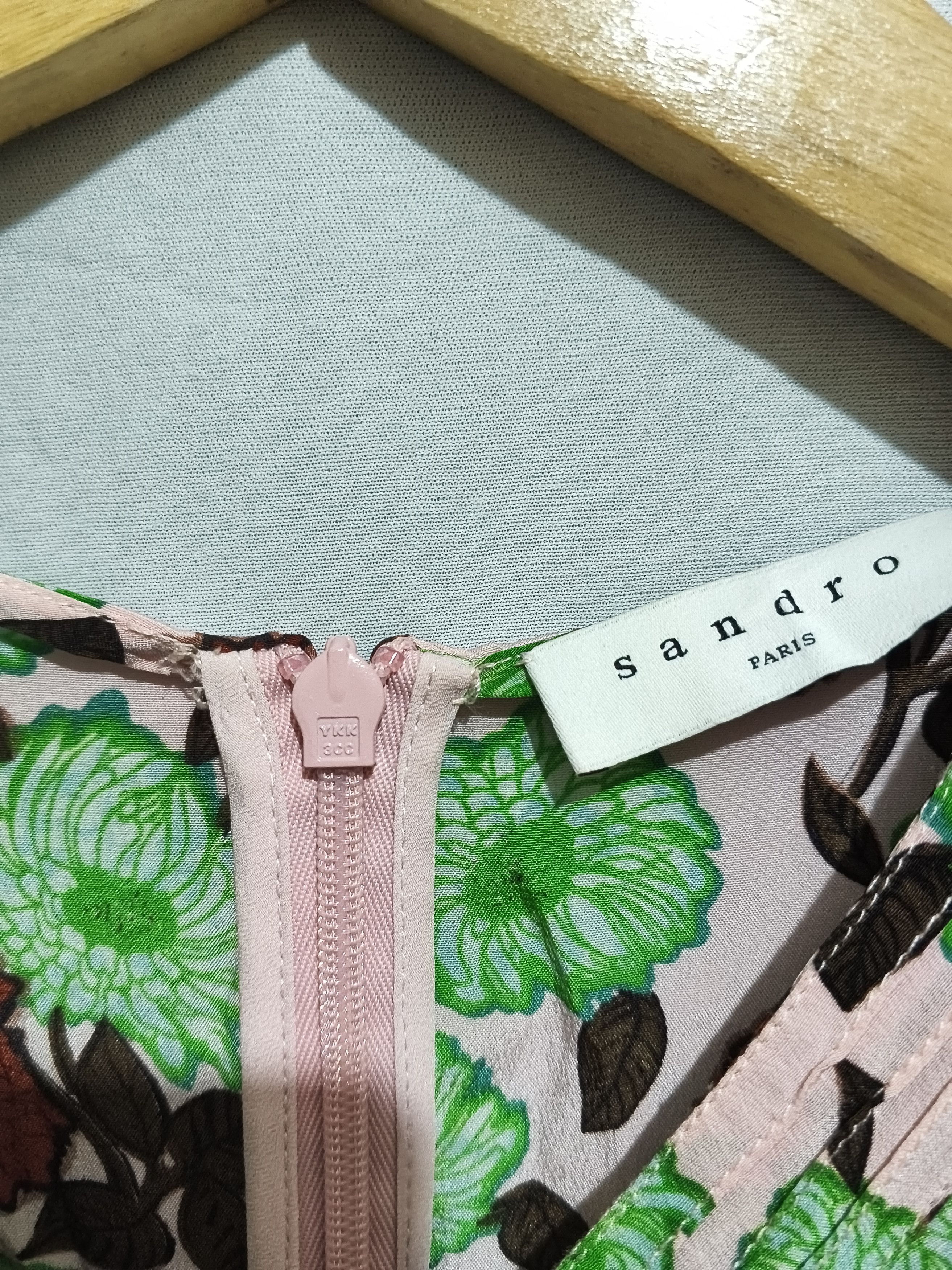 Sandro Mini Dress Green Flowers A Line Pink Silk Floral Print Size XXS / US 00 / IT 34 - 8 Thumbnail
