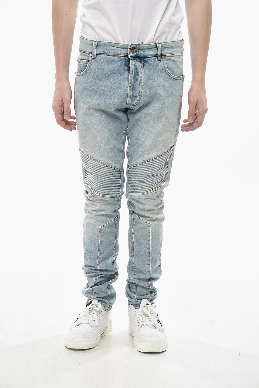 Balmain og1mm0326 Ribbed Slim Multi-cuts Jeans in Blue Size US 30 / EU 46 - 1 Thumbnail