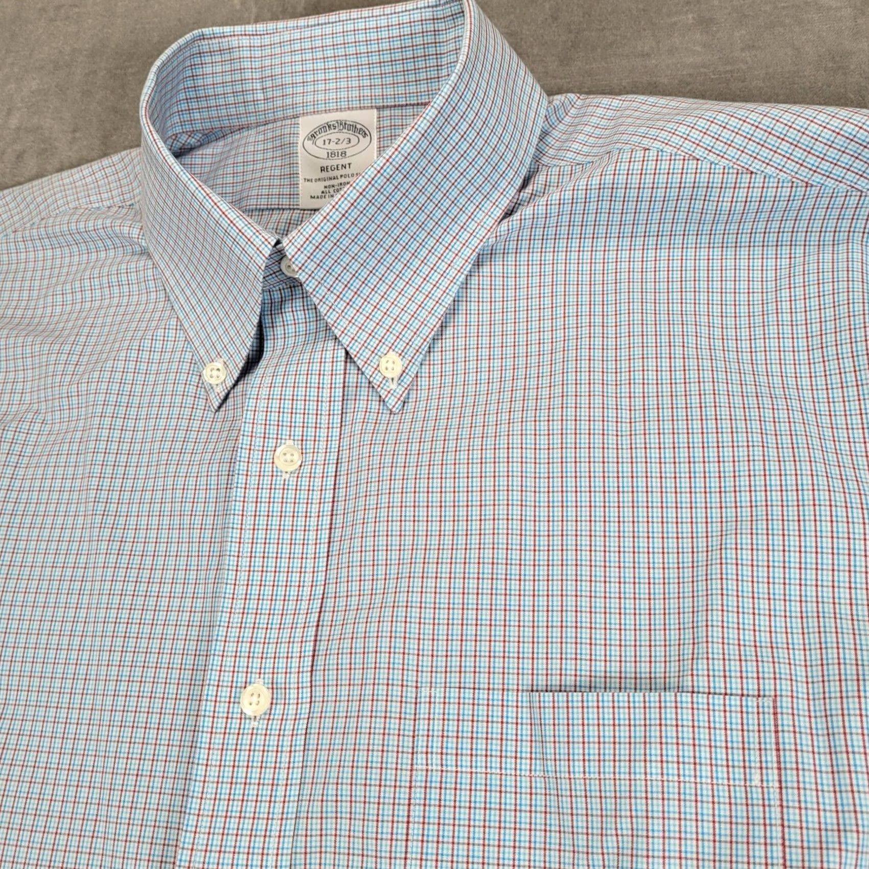 Brooks Brothers Brooks Brothers Dress Shirt Regent Fit Non Iron 17 2/3 43 Blue Gingham Mens Button-Down 100% Cotton Shirt Pattern Check Size 46R - 3 Thumbnail
