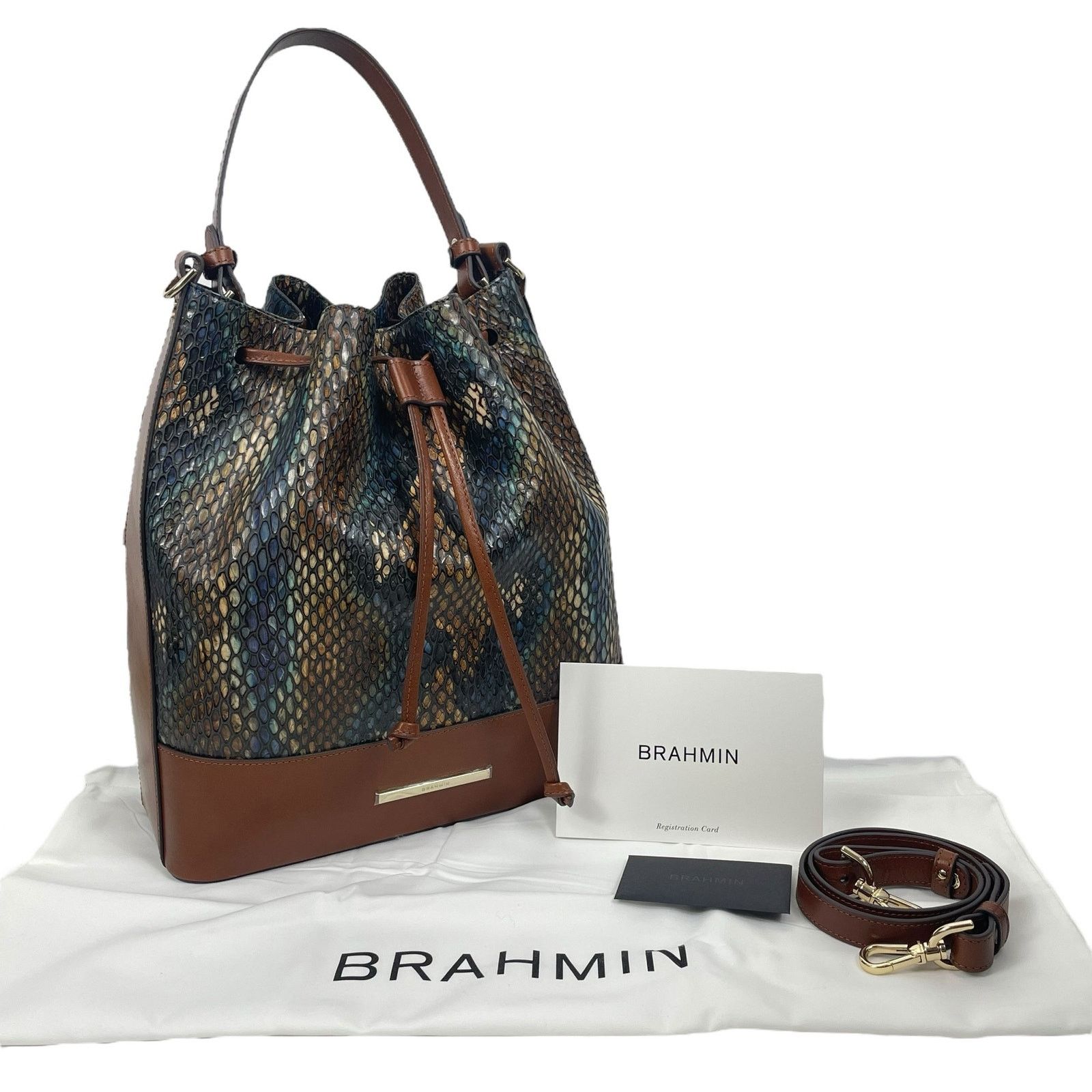 BRAHMIN Brahmin Marlowe Embossed Leather Bucket Bag Bottle Blue Size ONE SIZE - 3 Thumbnail