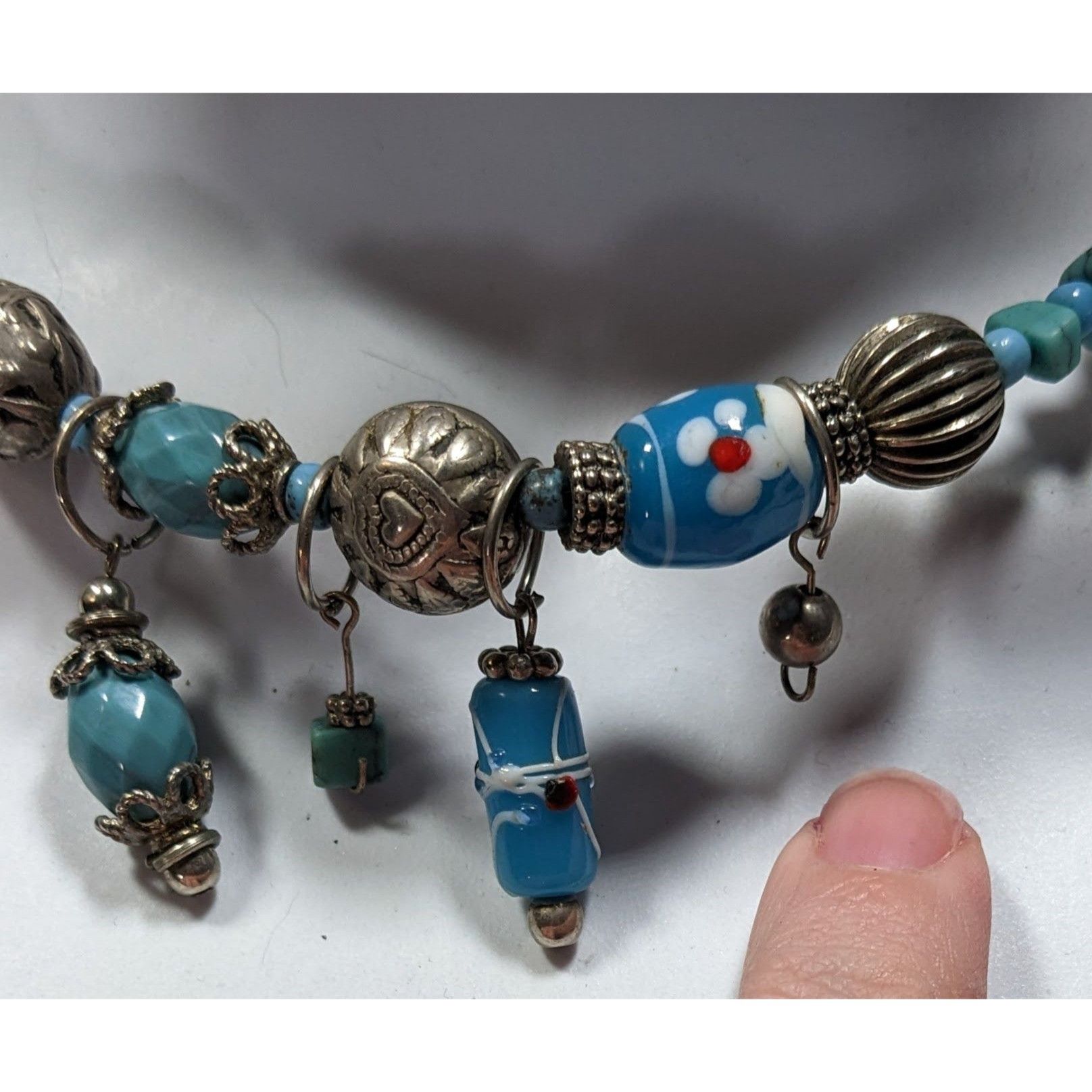 Handmade Handcrafted Beaded Necklace With Blue Glass Charms & Silver Size ONE SIZE - 3 Thumbnail