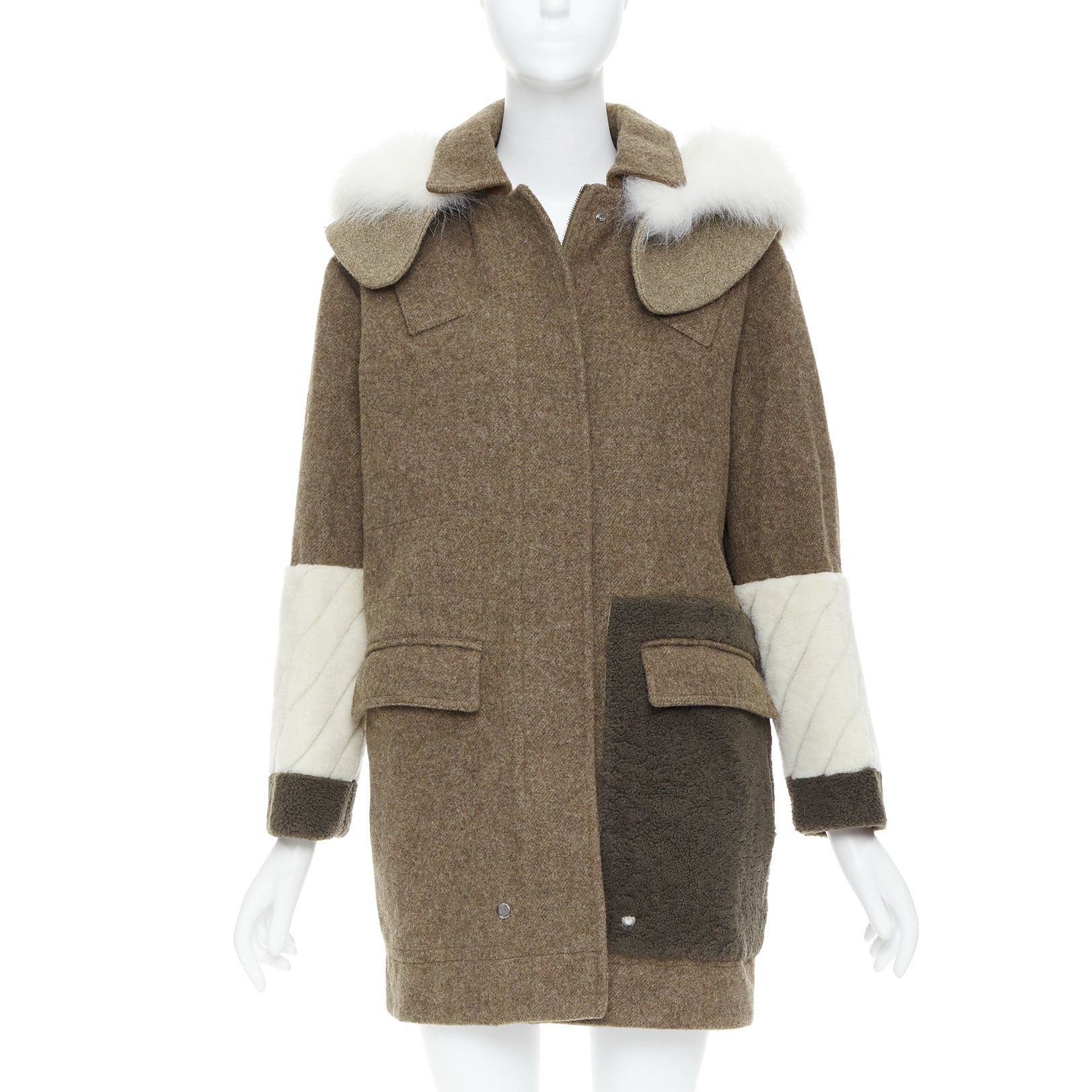 Fendi FENDI colorblocked brown wool patchwork fur hooded parka coat IT38 XS Size XS / US 0-2 / IT 36-38 - 1 Thumbnail