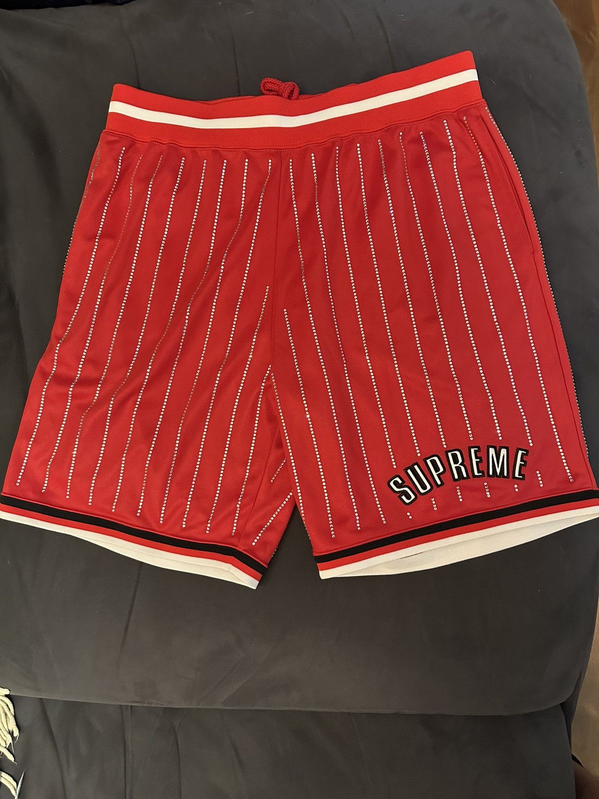 Supreme Rhinestone Basketball Shorts Red Supreme RhinestoneStripe