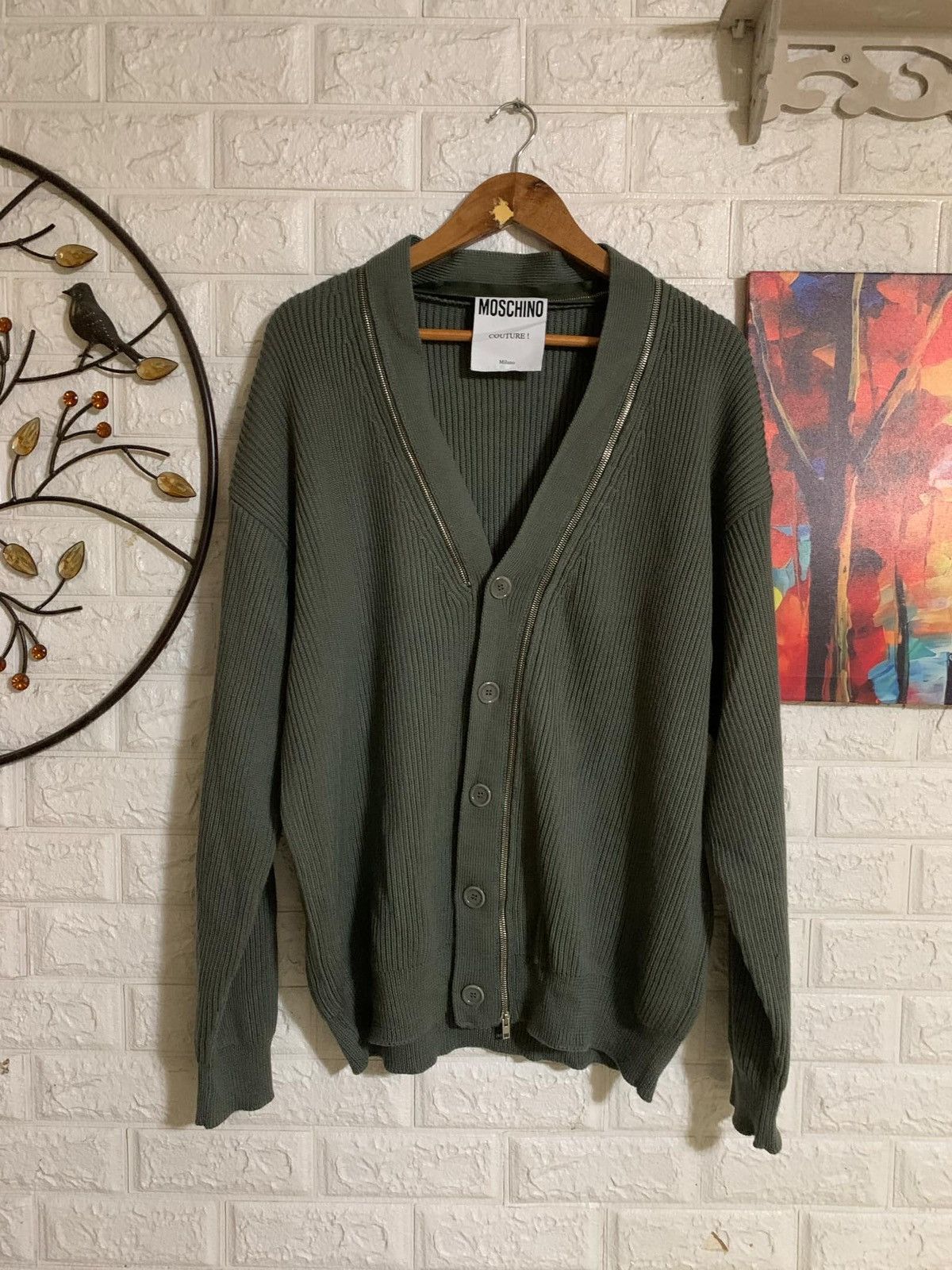 Designer × Moschino Moschino Ribbed Wool Cardigan with Zip Olive Size US L / EU 52-54 / 3 - 1 Thumbnail