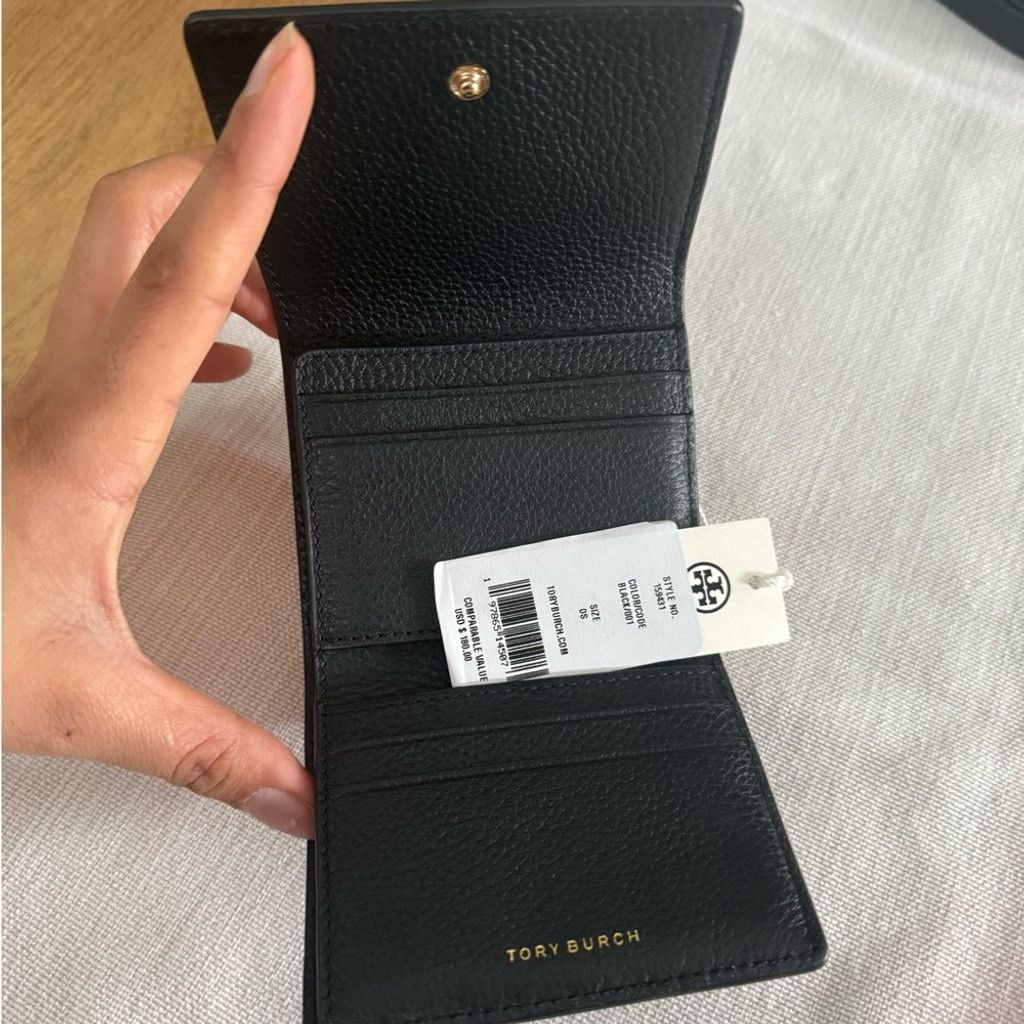 Tory Burch New Tory Burch Britten Compact Pebbled Leather Wallet in Bla Size ONE SIZE - 3 Thumbnail