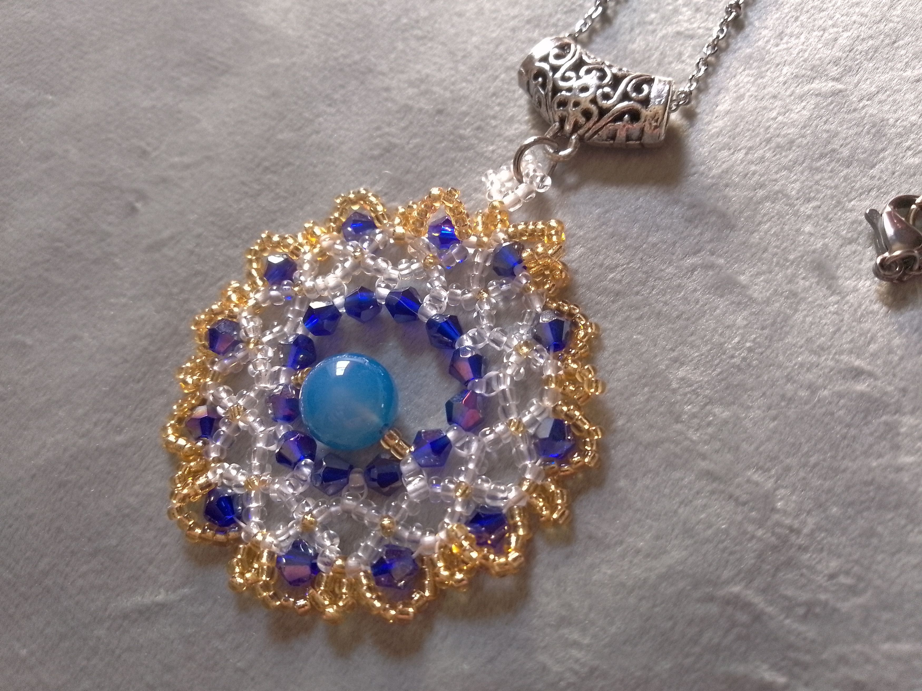 Handmade Long Necklace. Rhodium plated. Blue agate gemstones pendant Size ONE SIZE - 3 Thumbnail