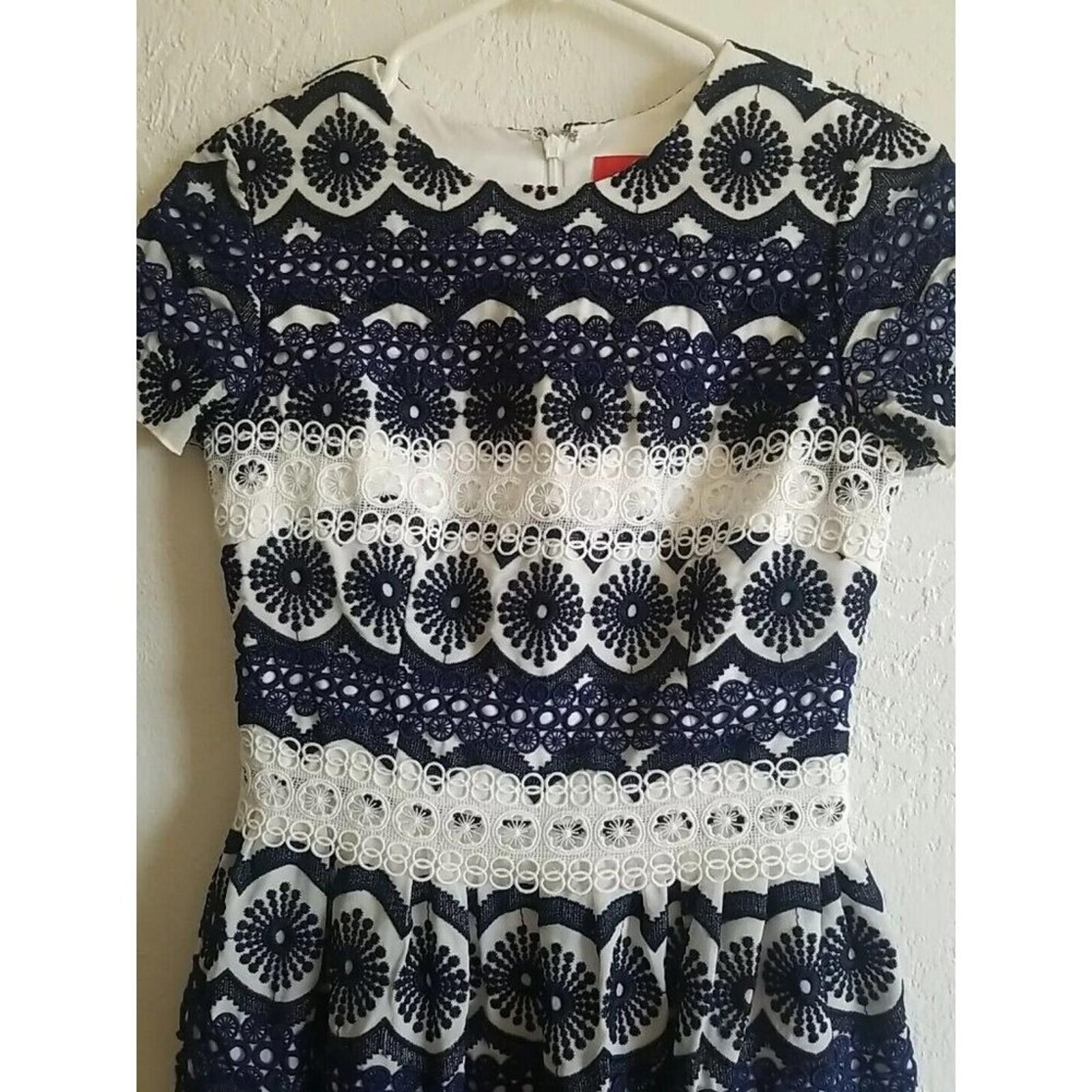 Other Monique L’huilier Pleated Fit & Flare Midi Dress Blue White Size XS / US 0-2 / IT 36-38 - 2 Thumbnail