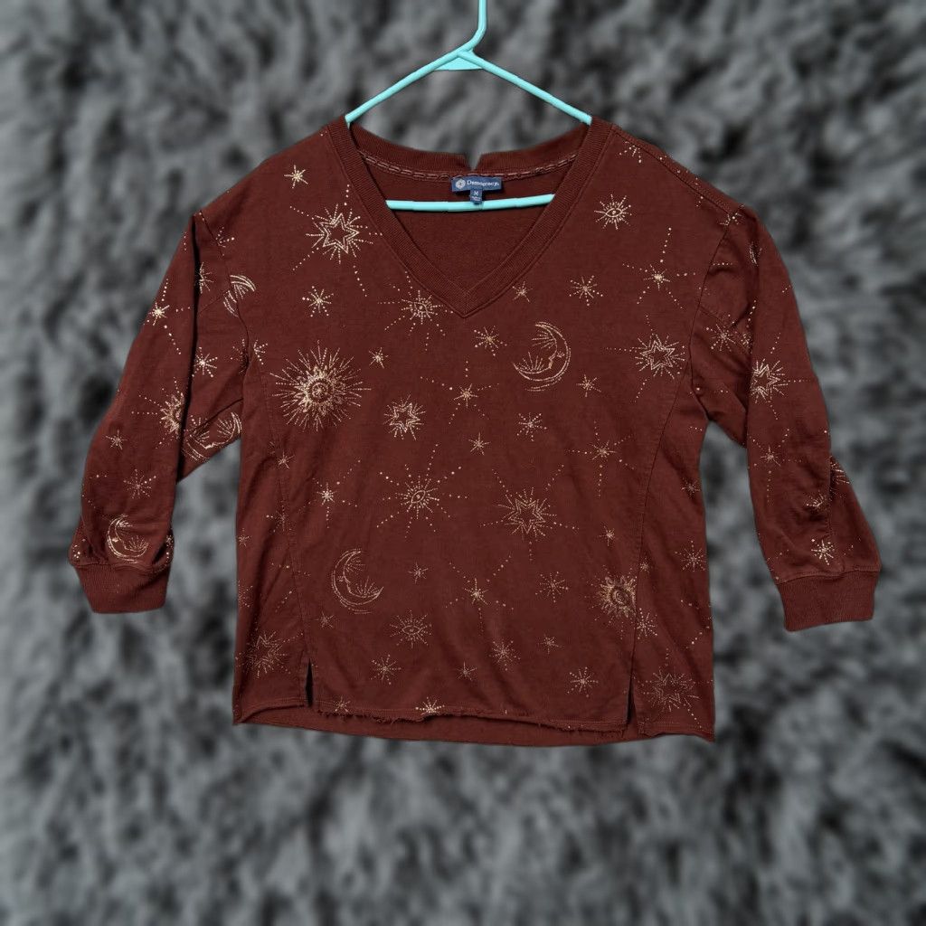Vintage Democracy Sweatshirt Womens M Rust Boho Celestial Star Moon V Neck Top Mystic Earthy Size M / US 6-8 / IT 42-44 - 1 Thumbnail