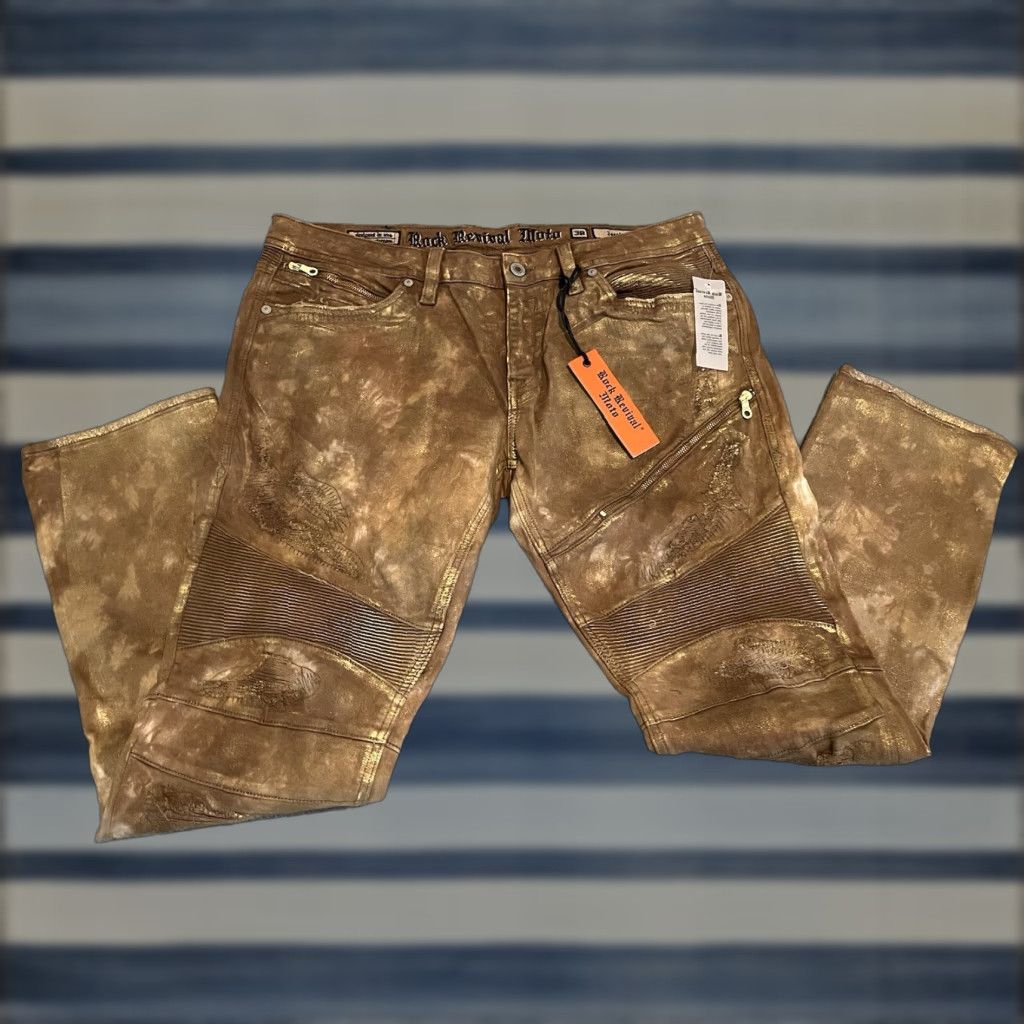 Vintage Rock Revival Jeans Distressed Gold Mens 38x33 NWT Moto Jezek Denim Biker Cotton/Elastane Jeans Mens Distressed Gold 38x33 NWT Size US 38 / EU 54 - 1 Thumbnail