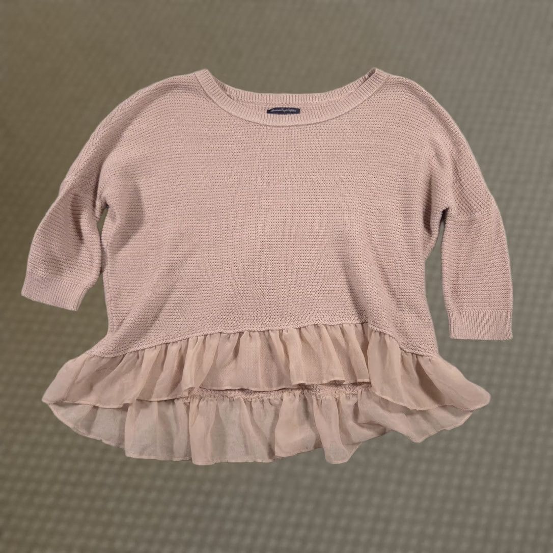 American Eagle Outfitters American Eagle Sweater Shirt Womens Small Beige 3/4 Sleeve Knit Pullover Ruffle Hem Casual Size S / US 4 / IT 40 - 1 Thumbnail
