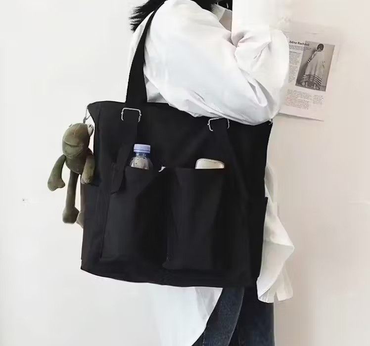 Japanese Brand Black Color Simple Fashion Nylon Tote Bag Size ONE SIZE - 2 Thumbnail