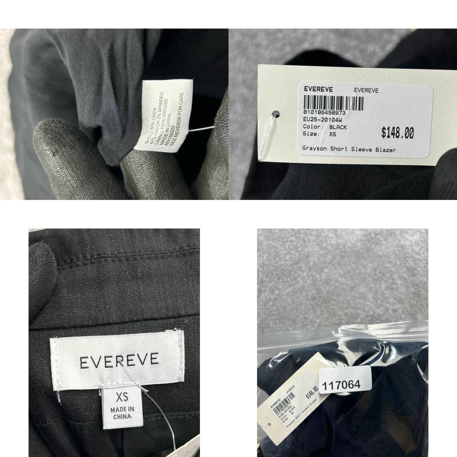 Vintage Evereve Blazer Jacket Womens XS Black Notch Single-Breasted Short Sleeve Linen Spandex Dressy New Size XS / US 0-2 / IT 36-38 - 8 Thumbnail