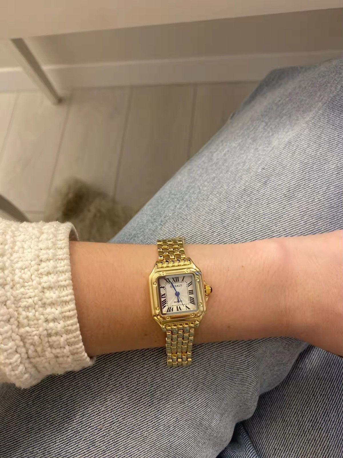 Jewelry Rectangle Stainless Steel Quartz Watch in Gold, Men's