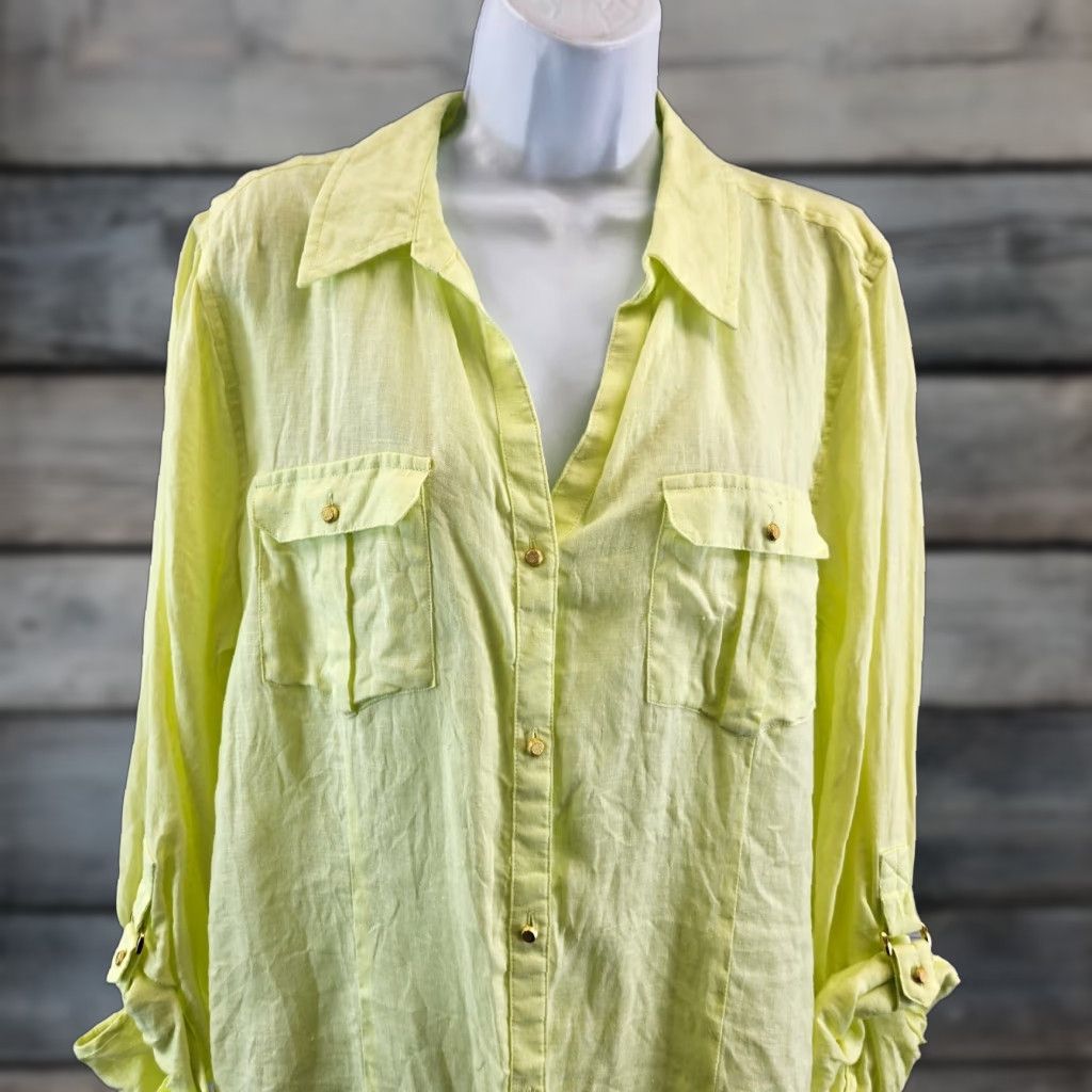Vintage VINTAGE Chico's Womens Linen Button Up Top L Yellow Tabbed Sleeves Shirt Womens Large Yellow Sleeve Tabs Size L / US 10 / IT 46 - 1 Thumbnail