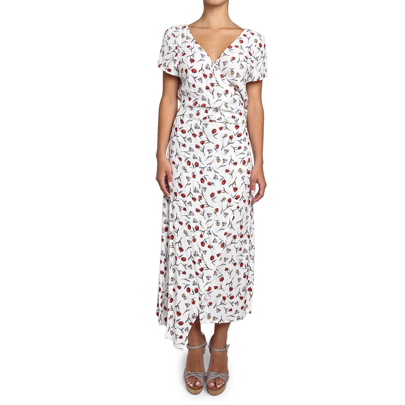 BEC + BRIDGE White Wrap Dress with Red Flowers Size L / US 10 / IT 46 - 1 Thumbnail