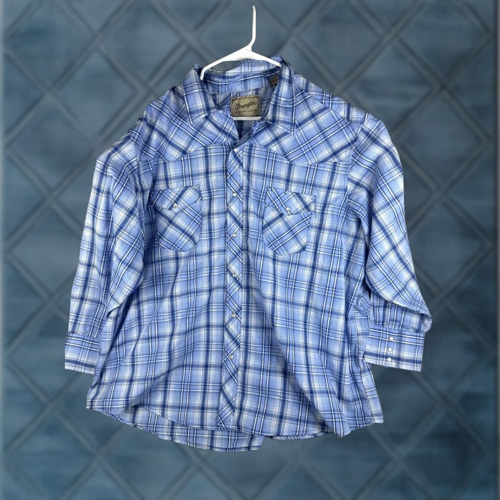 Wrangler VINTAGE Wrangler Western Shirt Mens 3XL Blue Plaid Pearl Snap Long Sleeve Cowboy Size US XXL / EU 58 / 5 - 1 Thumbnail