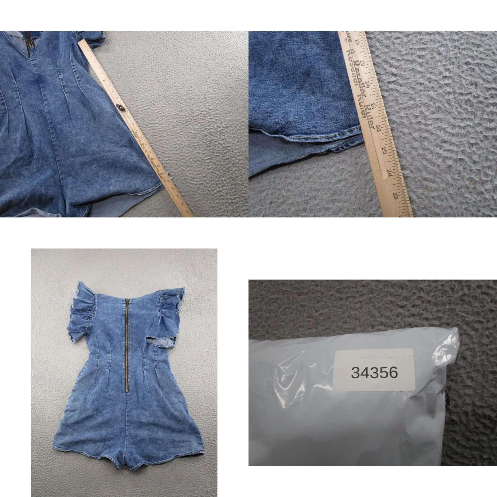 Denime Bella Ella Women's Denim Romper Blue V-Neck Flutter Sleeve Ruffle Short Sleeve 2.5 Inch Inseam Size M Casual Size 32" / US 10 / IT 46 - 8 Thumbnail
