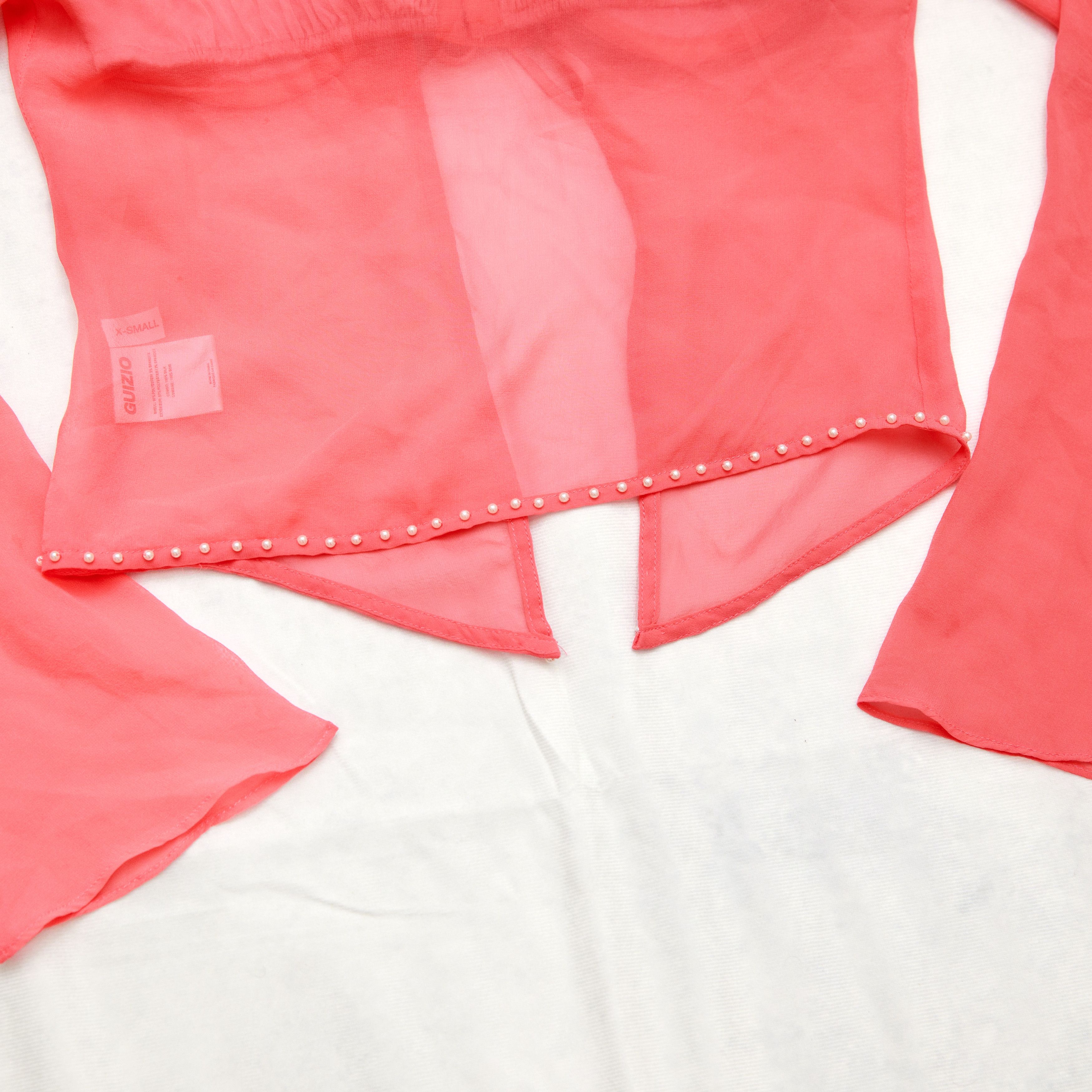 Guizio Danielle Guizio Long Sleeve Pearl Trim Top In Punch Silk Size XS / US 0-2 / IT 36-38 - 6 Thumbnail