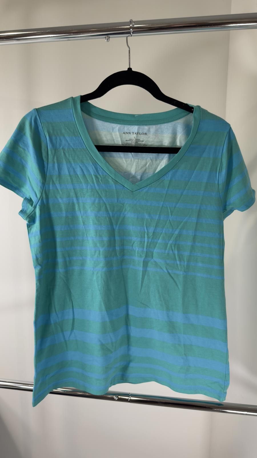 Designer Light Blue Striped V-Neck T-Shirt Size L / US 10 / IT 46 - 1 Thumbnail