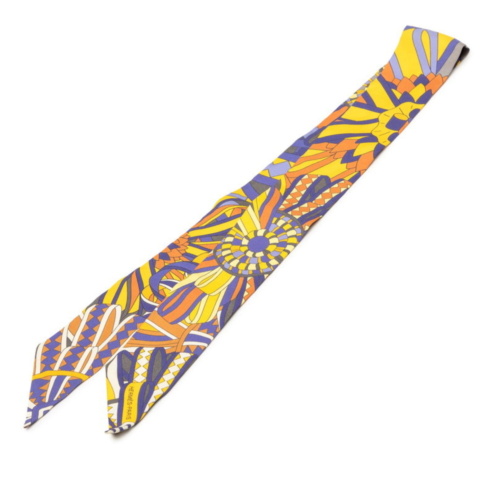 Hermes Hermes Twilly LES FLOTS DU CHEVAL (Horse Award) Scarf/Muffler, Purple, Yellow, Orange, Silk, Women's HERMES Size ONE SIZE - 1 Thumbnail