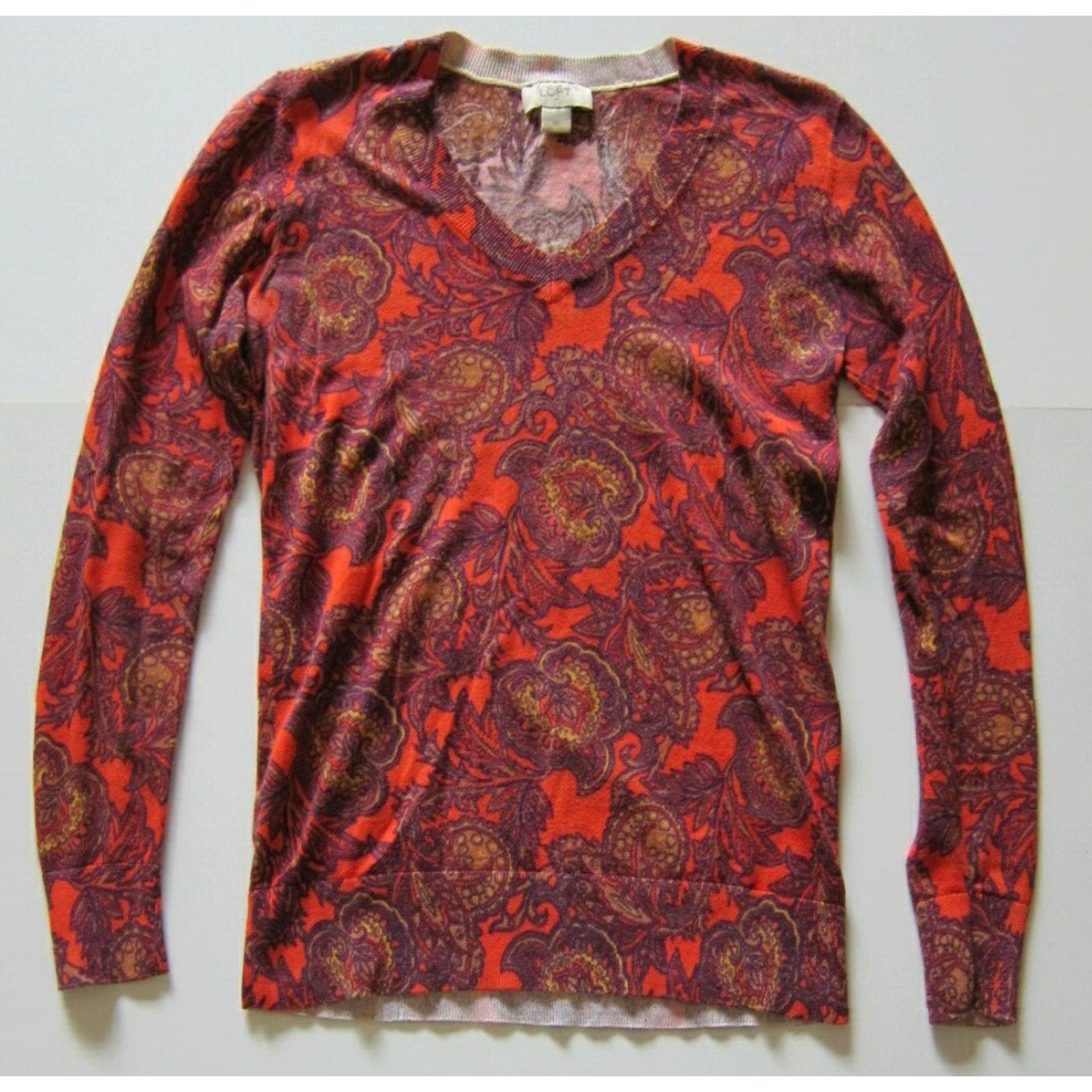 Ann Taylor VINTAGE Ann Taylor Cotton Orange Paisley Lightweight Long Sleeve Pullover Sweater XS Size XS / US 0-2 / IT 36-38 - 5 Thumbnail