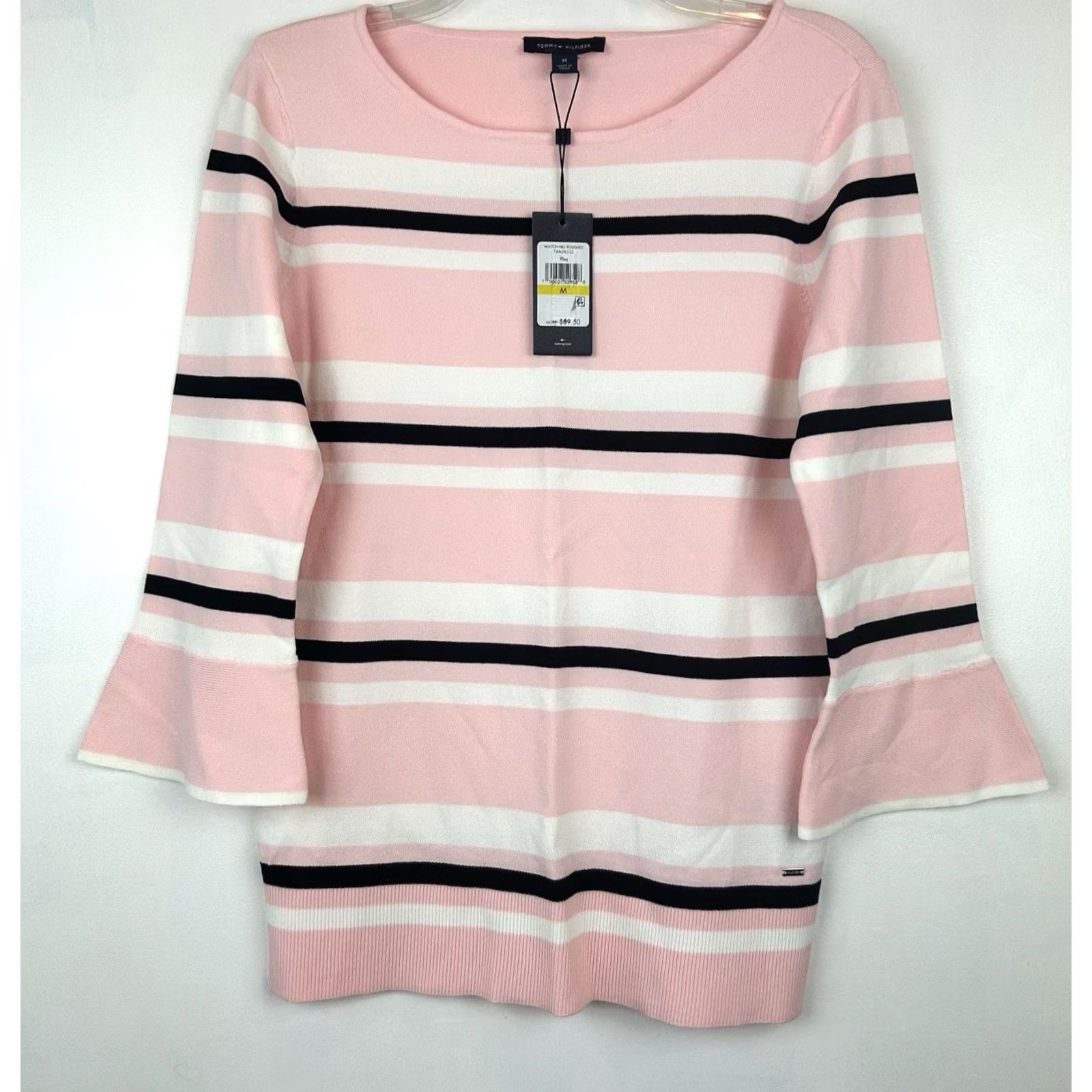 Tommy Hilfiger Tommy Hilfiger Top Womens Medium Bell Sleeve Sweater Pink Stripe Knit Bell Sleeve Crew Neck Logo Pullover Winter Spring Fall Size M / US 6-8 / IT 42-44 - 2 Thumbnail