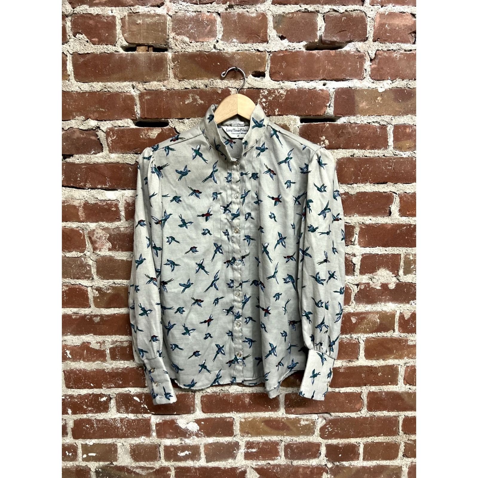 Wrangler VINTAGE Wrangler Womens Long Sleeve Button-Up Shirt 10 Gray Birds AOP Size L / US 10 / IT 46 - 2 Thumbnail