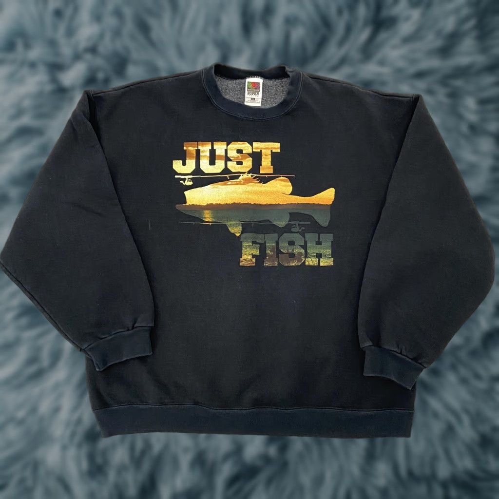 Fruit Of The Loom VINTAGE Fruit of the Loom Just Fish Sweater Adult 2XL Black Graphic Fishing Pullover Mens XXL Size US XXL / EU 58 / 5 - 1 Thumbnail