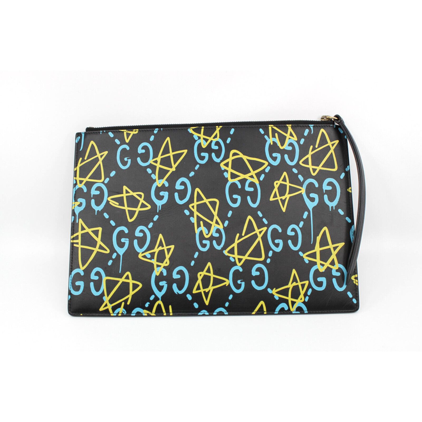 image of Gucci Ghost Logo Print Leather Large Clutch Bag Clutch Black, Women's