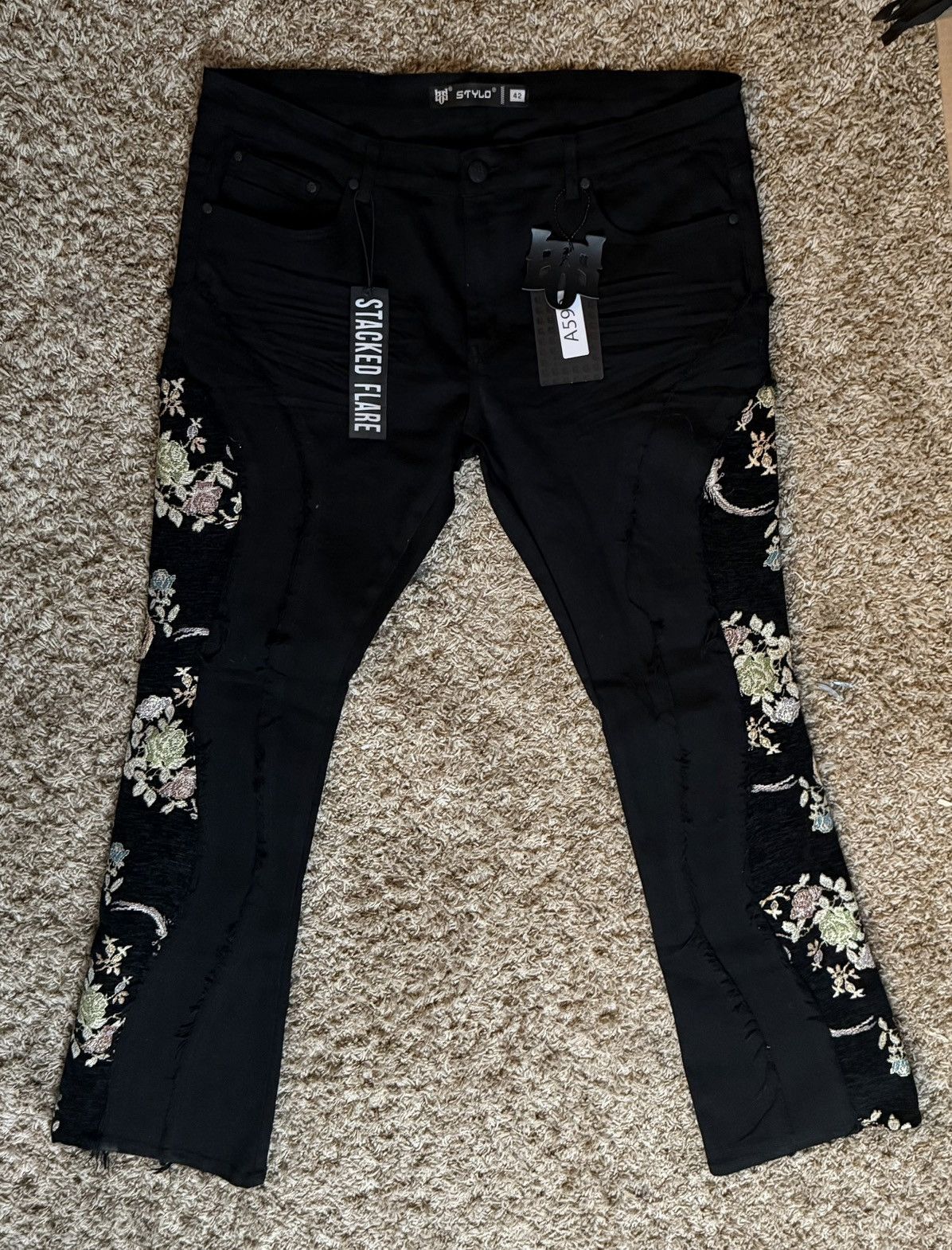 Other Stylo Black Embroidered Floral Flare Denim JeansMen's Size US 42 / EU 58 - 8 Thumbnail