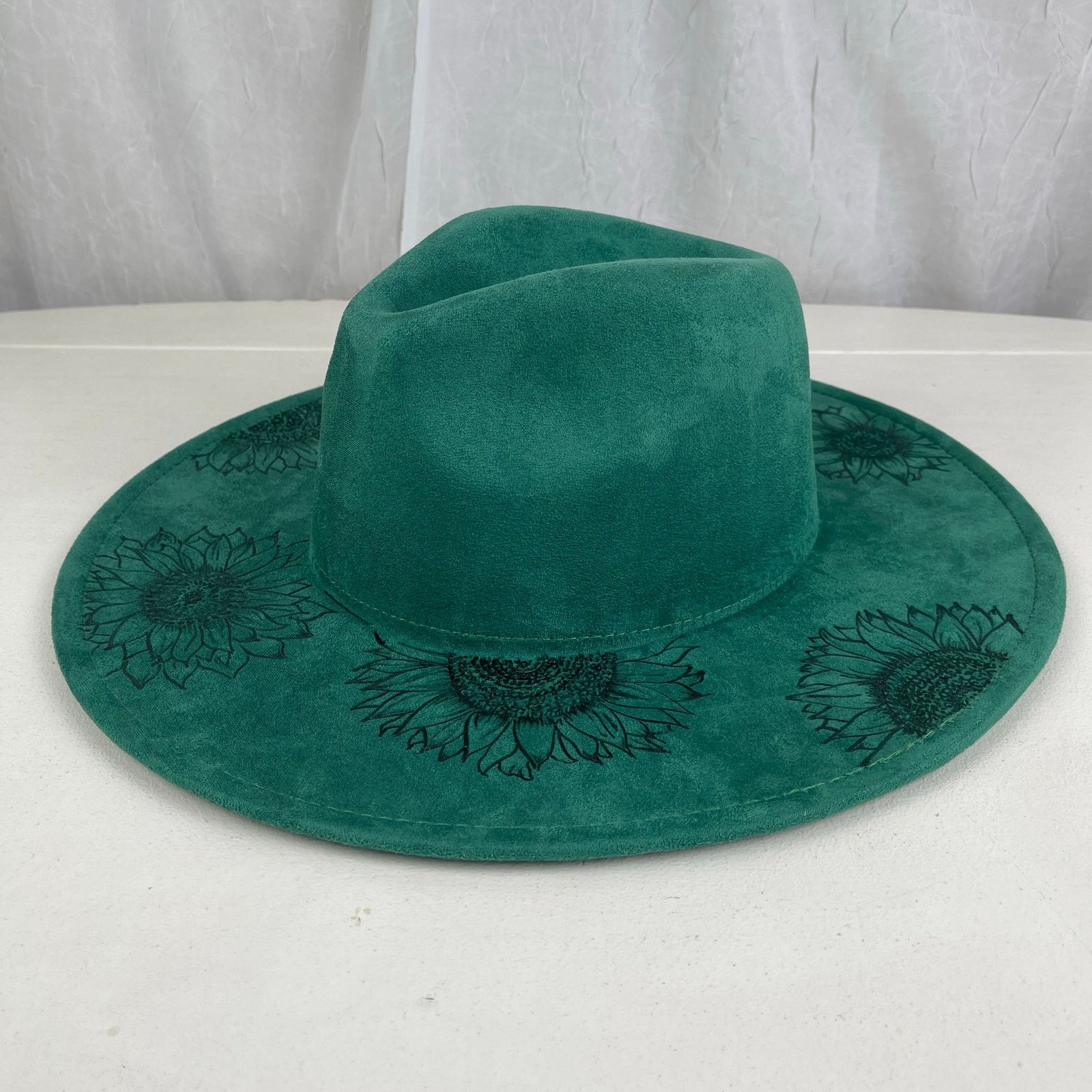 Handmade Green Faux Suede Wide Flat Brim Hat Sunflowers ADJUSTABLE SZ Size ONE SIZE - 13 Thumbnail
