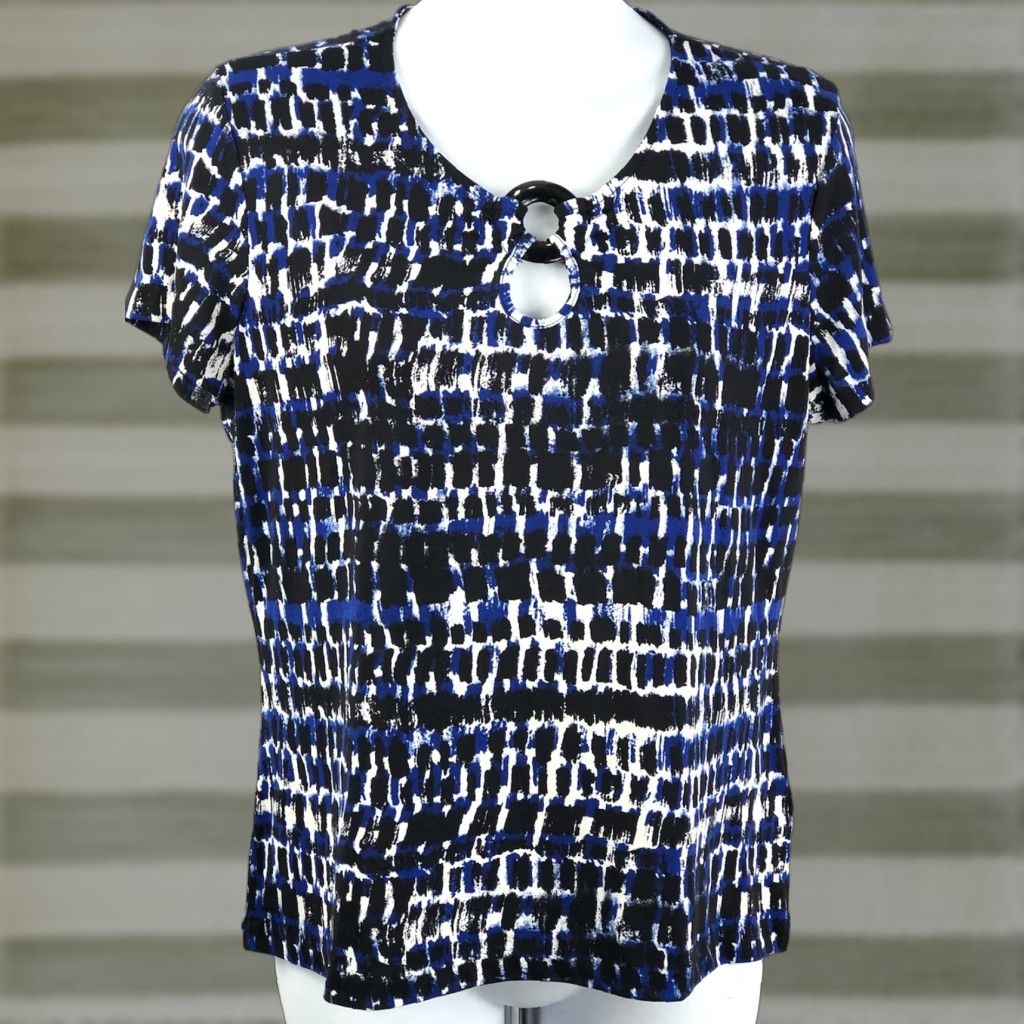 CO VINTAGE Jones & Co Top Blouse M Blue/Black Print Keyhole Scoop Neck Short Sleeves Womens Size M / US 6-8 / IT 42-44 - 1 Thumbnail