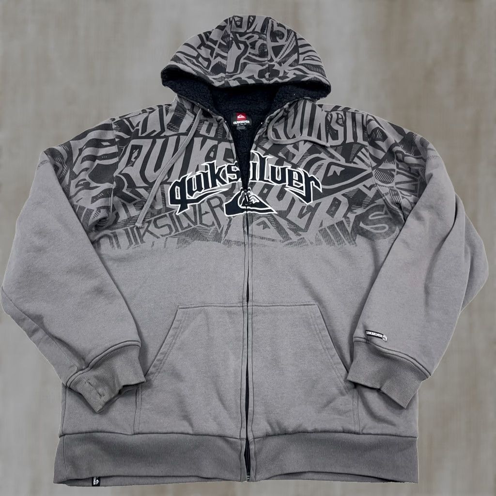 Quiksilver VINTAGE Quiksilver Hoodie Men XL Gray Sherpa Lined Full Zip Skate Surft AOP Y2K Size US XL / EU 56 / 4 - 1 Thumbnail