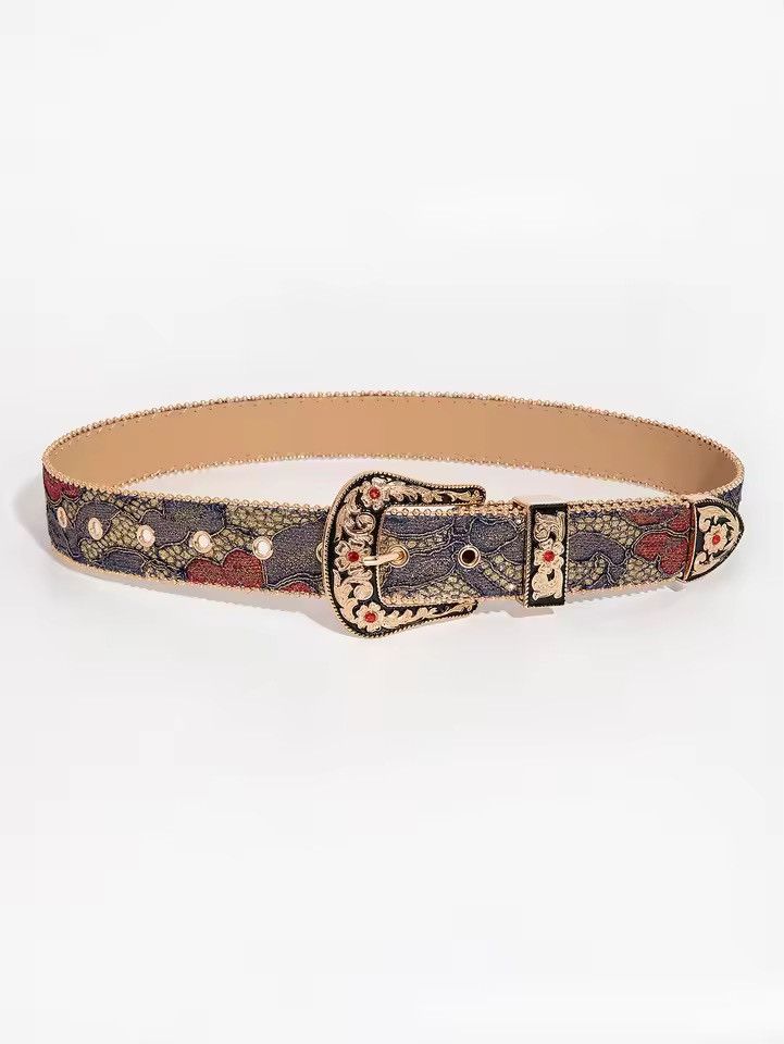 Japanese Brand Western Floral Tapestry Belt - Gold Ornate Buckle 122 cm Size 32 - 2 Thumbnail
