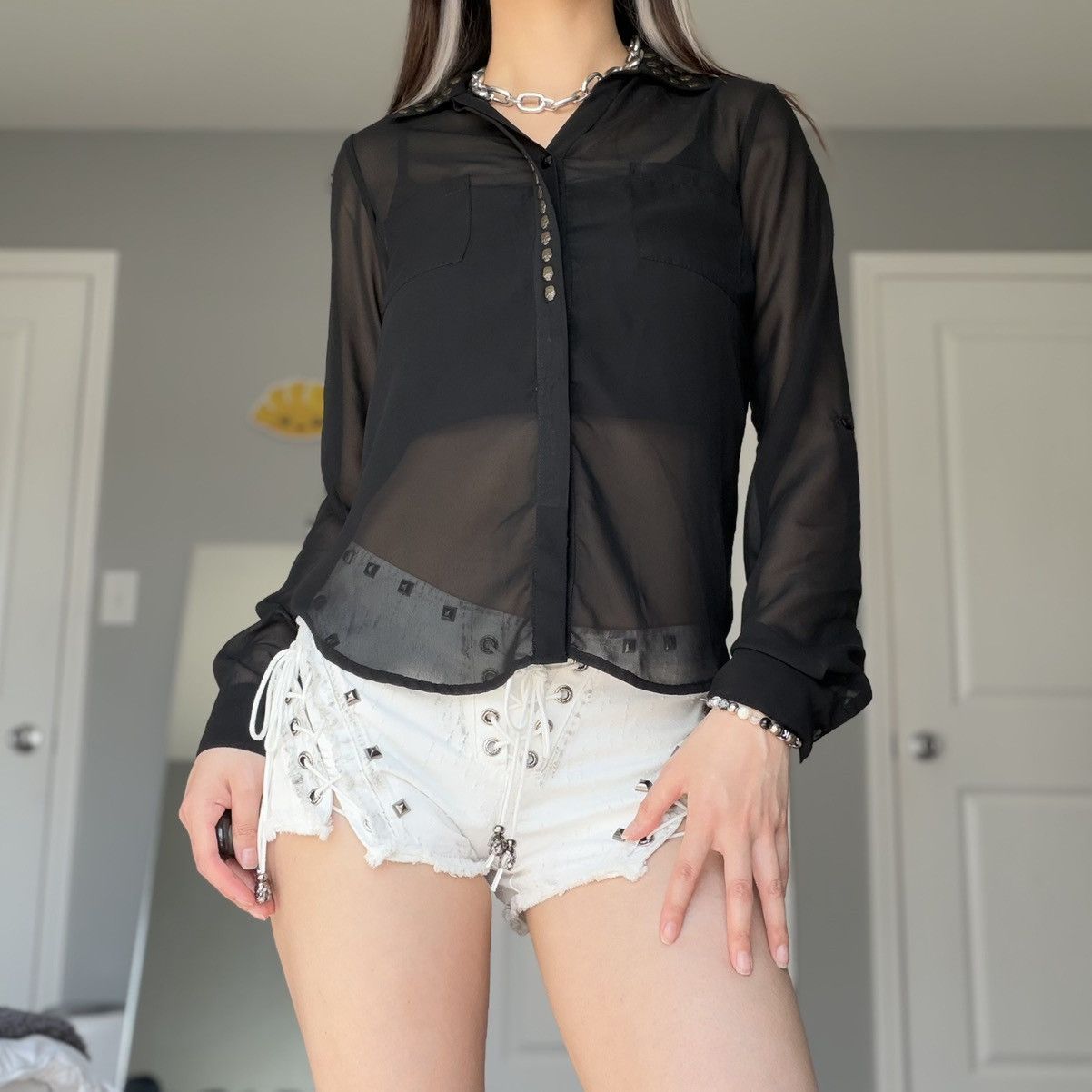 Other Fun & Flirt Sheer Black Skull Studded Button-Up Blouse Size S / US 4 / IT 40 - 6 Thumbnail