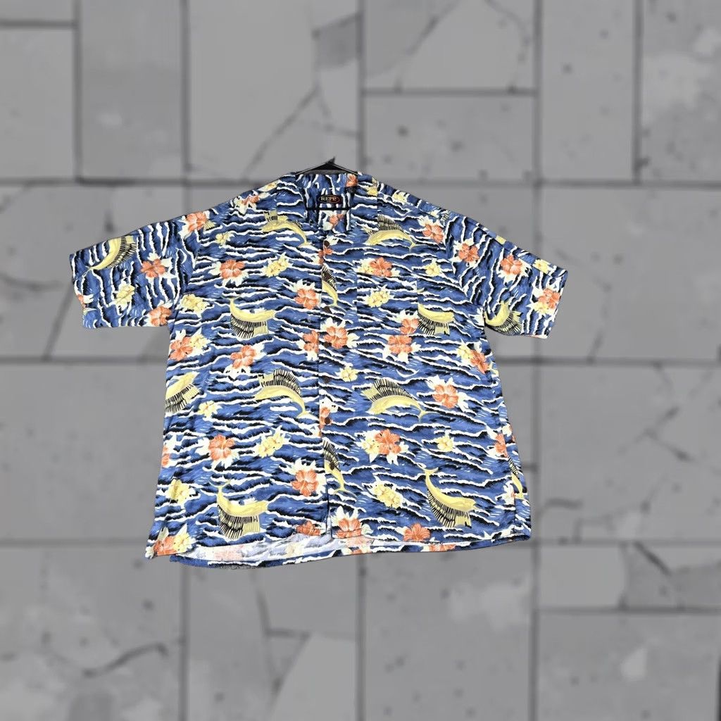 Vintage REPP LTD. Blue Marlin Fish Floral Hawaiian Shirt Button Up 3XL Mens Big & Tall Size US XXL / EU 58 / 5 - 1 Thumbnail