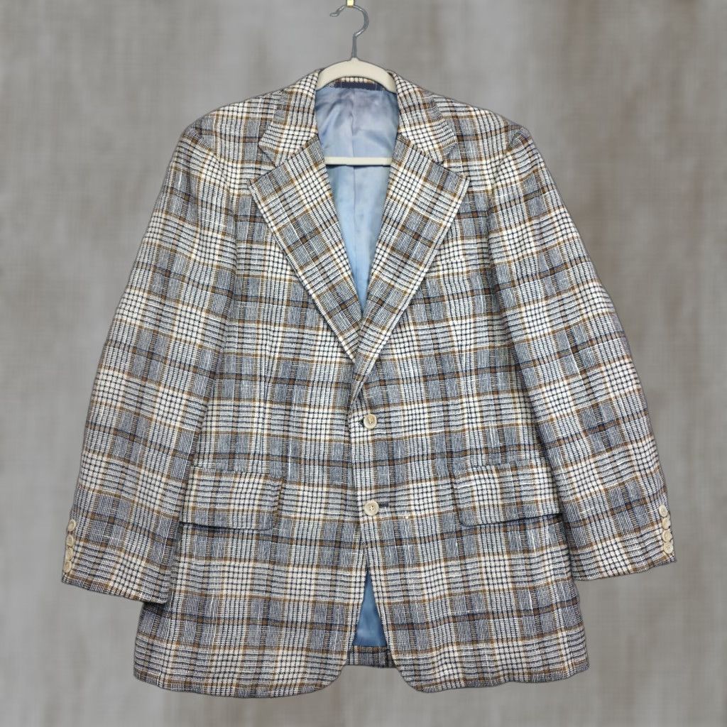 Nordstrom Blazer Men 42R Beige Blue Wool Plaid Tuxedo Style Single-Breasted 2-Button Notch Lapel Classic Preppy Jacket - 90s Theme, Wedding, Workwear