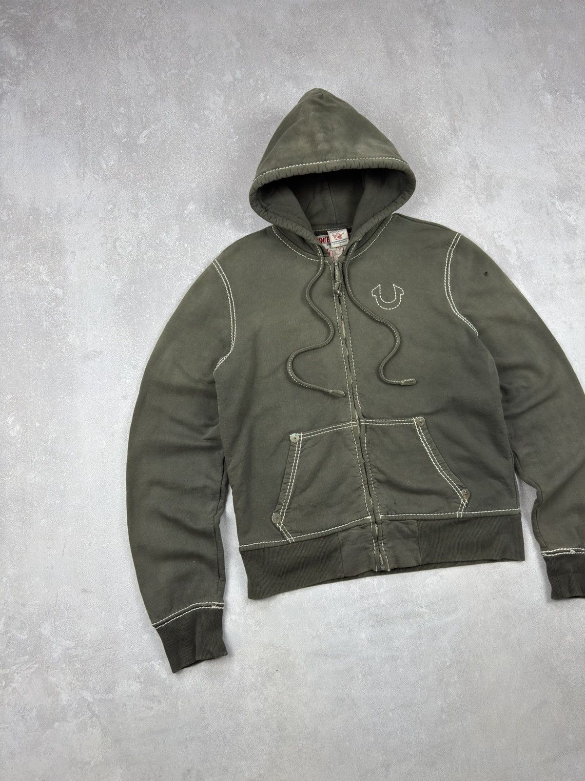 True Religion Vintage True Religion Zip Hoodie Big-T Khaki Washed Destroye Size US L / EU 52-54 / 3 - 2 Thumbnail