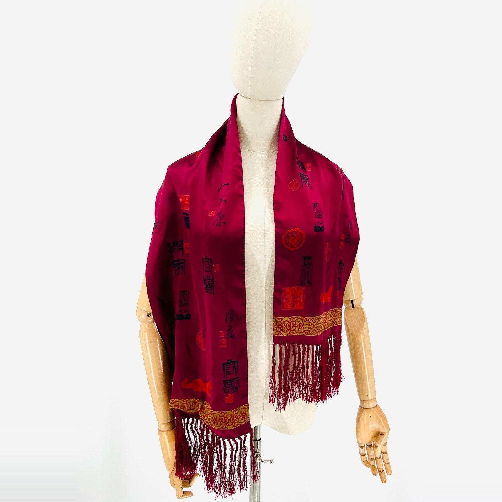 Chicos Vintage 90s Magenta Red Silk Calligraphy Fringe Scarf Size ONE SIZE - 1 Thumbnail