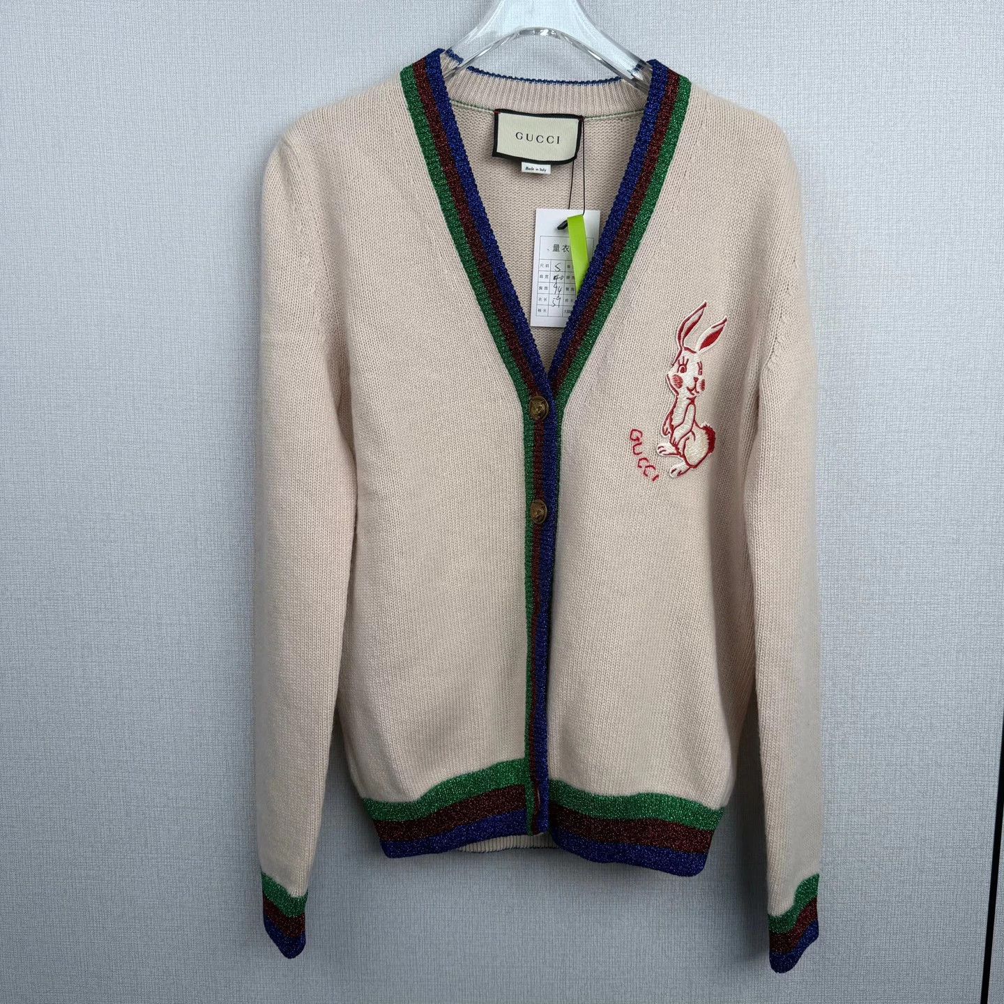Gucci Beige Embroidered Rabbit Logo Wool Cardigan