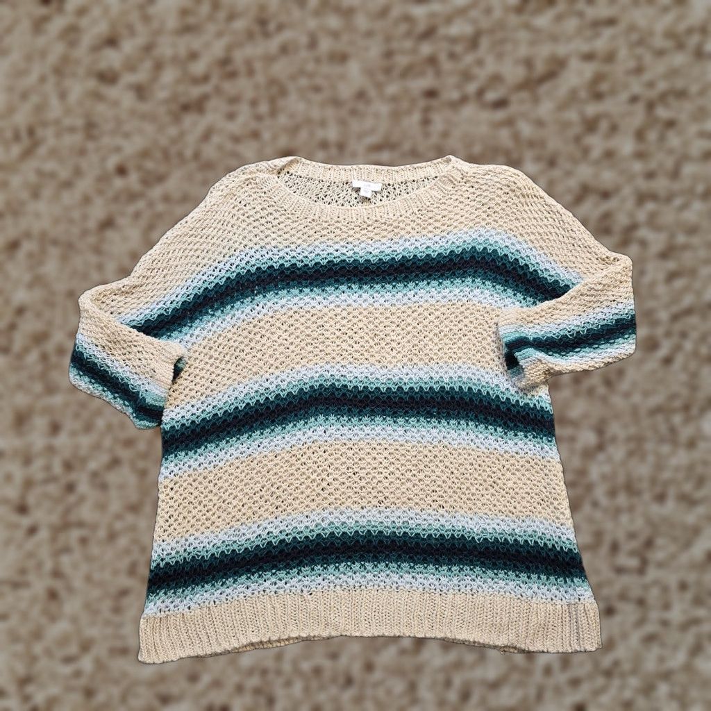 J. Jill J. Jill Sweater Womens Large Beige Stripe Linen Open Knit 3/4 Sleeve Pullover Casual Size L / US 10 / IT 46 - 1 Thumbnail