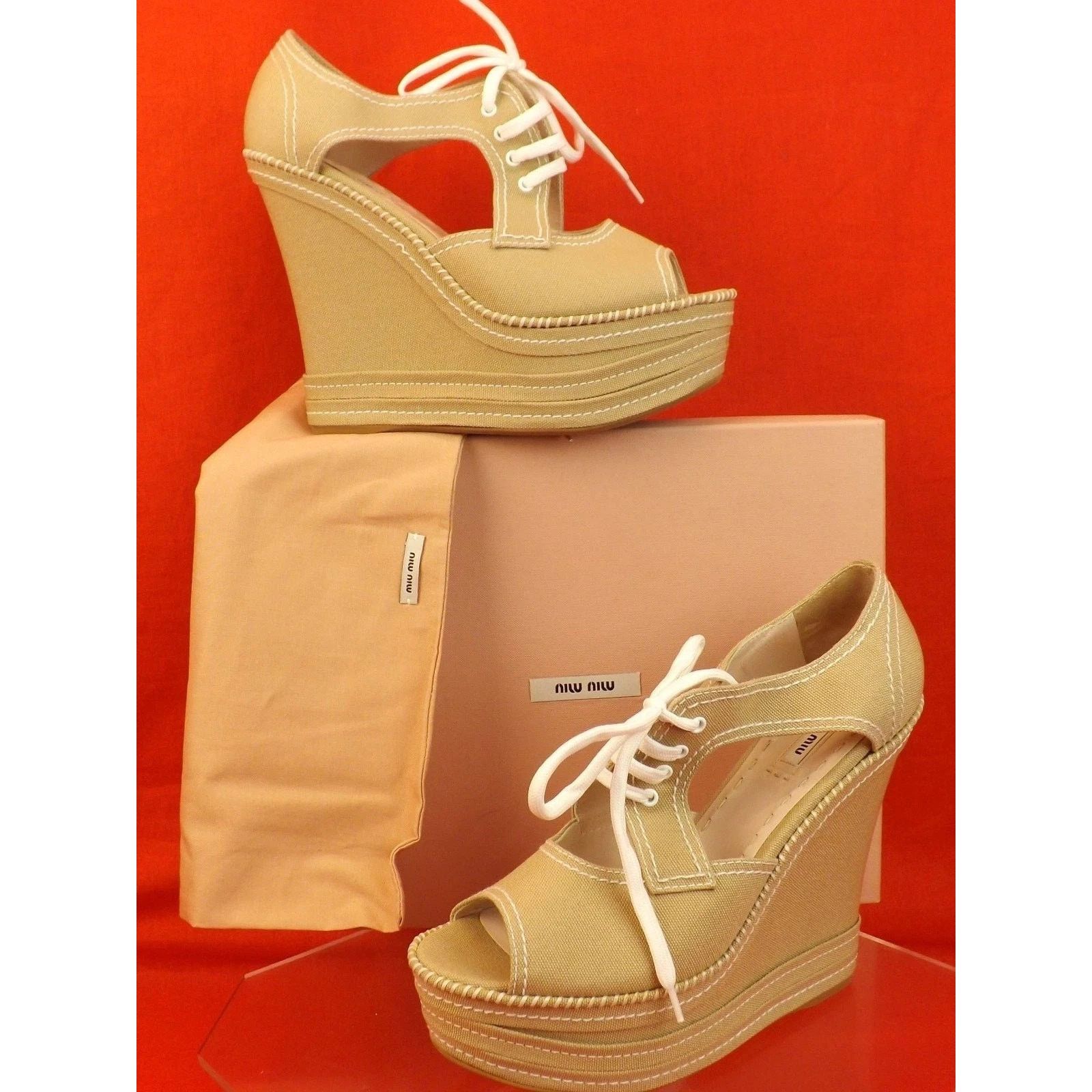 Miu Miu MIU MIU PRADA 5KZ006 BEIGE CANVAS OPEN TOE WEDGE PUMPS 39.5 Size US 9.5 / IT 39.5 - 1 Thumbnail