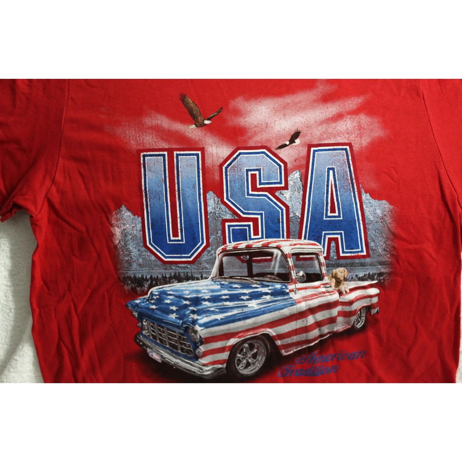 Vintage VINTAGE American Flag Pickup Truck Eagle Dog Graphic T-Shirt Men’s Medium Red Cotton Size US M / EU 48-50 / 2 - 2 Thumbnail