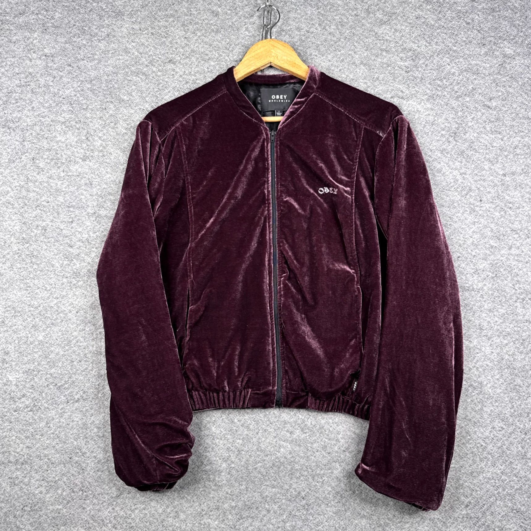 OBEY WORLDWIDE JACKET WOMENS LARGE L PURPLE EMBROIDERED TIGER SATIN FULL ZIP