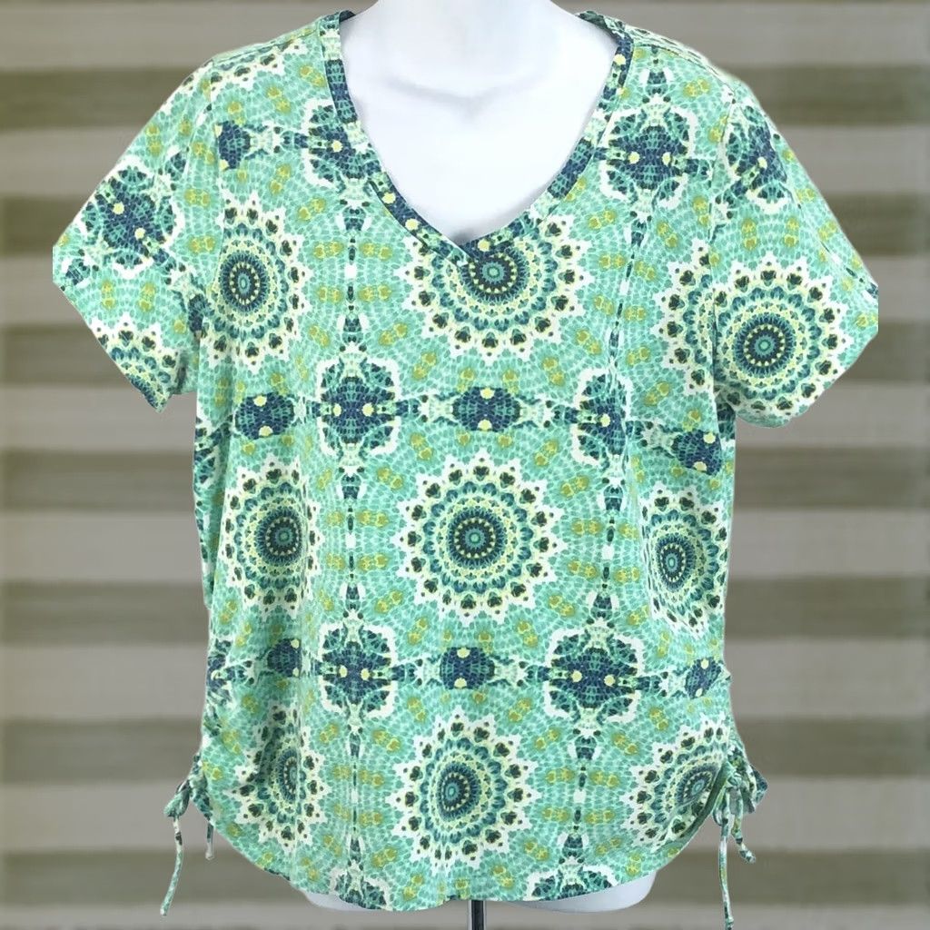 B Sides Caribbean Joe Top 1X Green V-Neck Tie Dye Geo Ruched Tie Sides Beach Hippie Boho Size XL / US 12-14 / IT 48-50 - 1 Thumbnail
