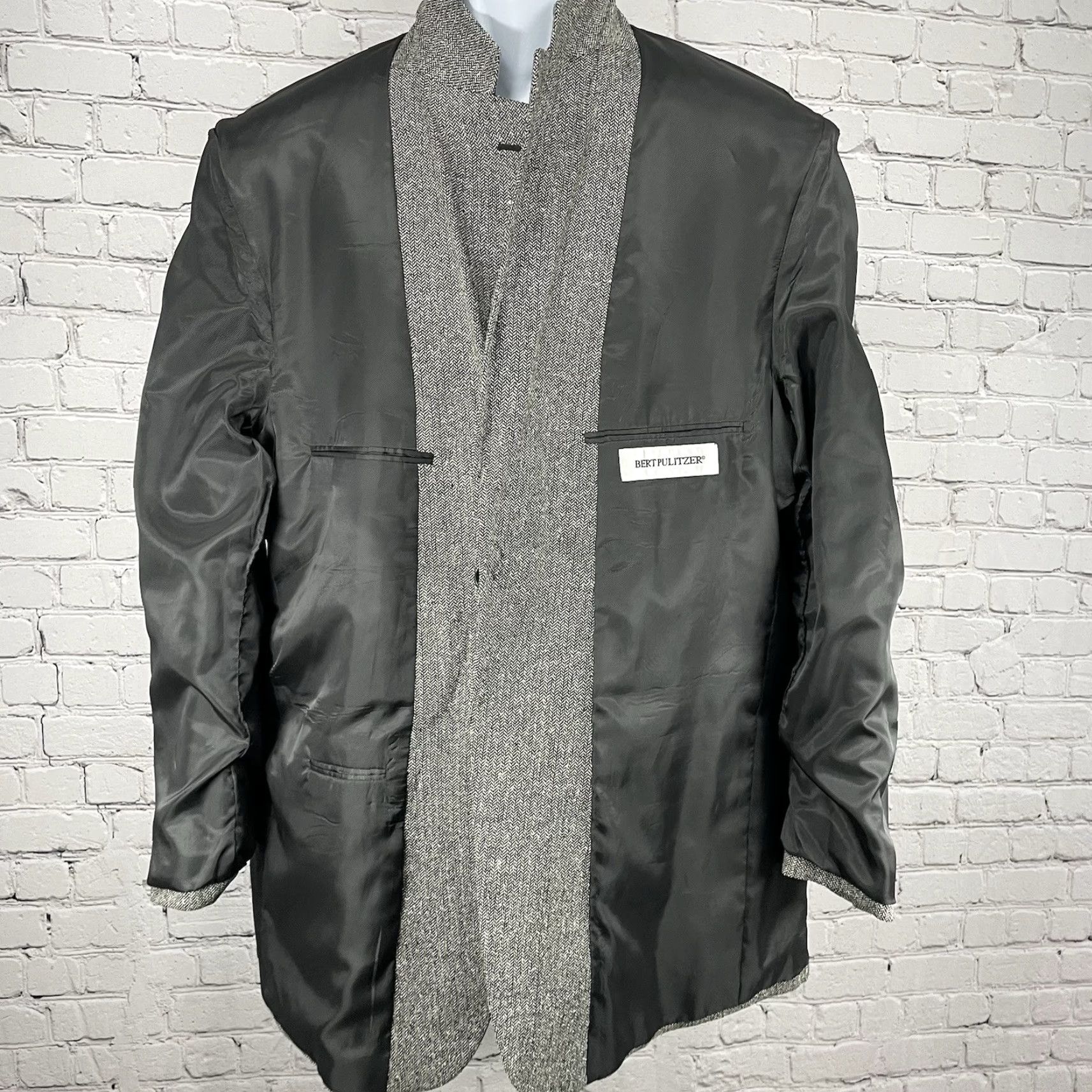 Vintage BERT PULITZER Blazer Sports Coat 2 Button Grey Silk Tweed Herringbone Regular 48 Men Size 48R - 7 Thumbnail