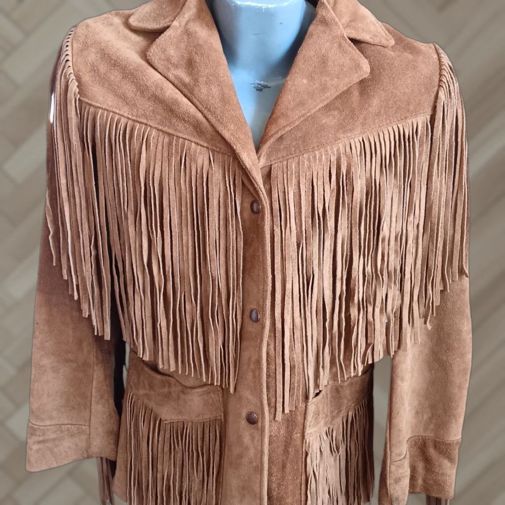 VINTAGE SCHOTT Western Fringe Leather Jacket Womens 12 Brown Adult Regular Short with Fringe 80s USA Mens?